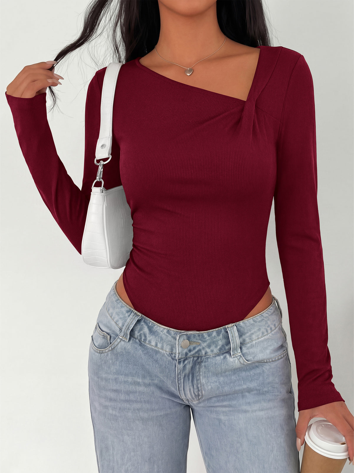 MASCOMODA Womens Fall Long Sleeve Bodysuit Fitted Tops | Asymmetrical Neck Slim Fit Body Suits, Front Ruched Casual Bodysuits, Basic Tee Shirts, Trendy Going Out Tops, Y2K Clothes