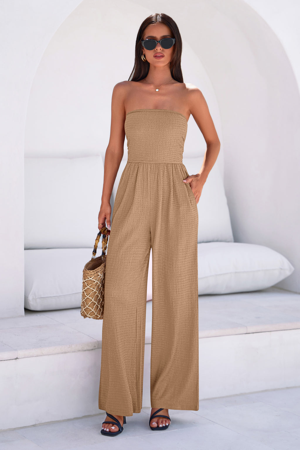 MASCOMODA One Piece Jumpsuits for Women Strapless Smocked Casual Rompers Long Pants with Pockets Vacation Summer Outfits