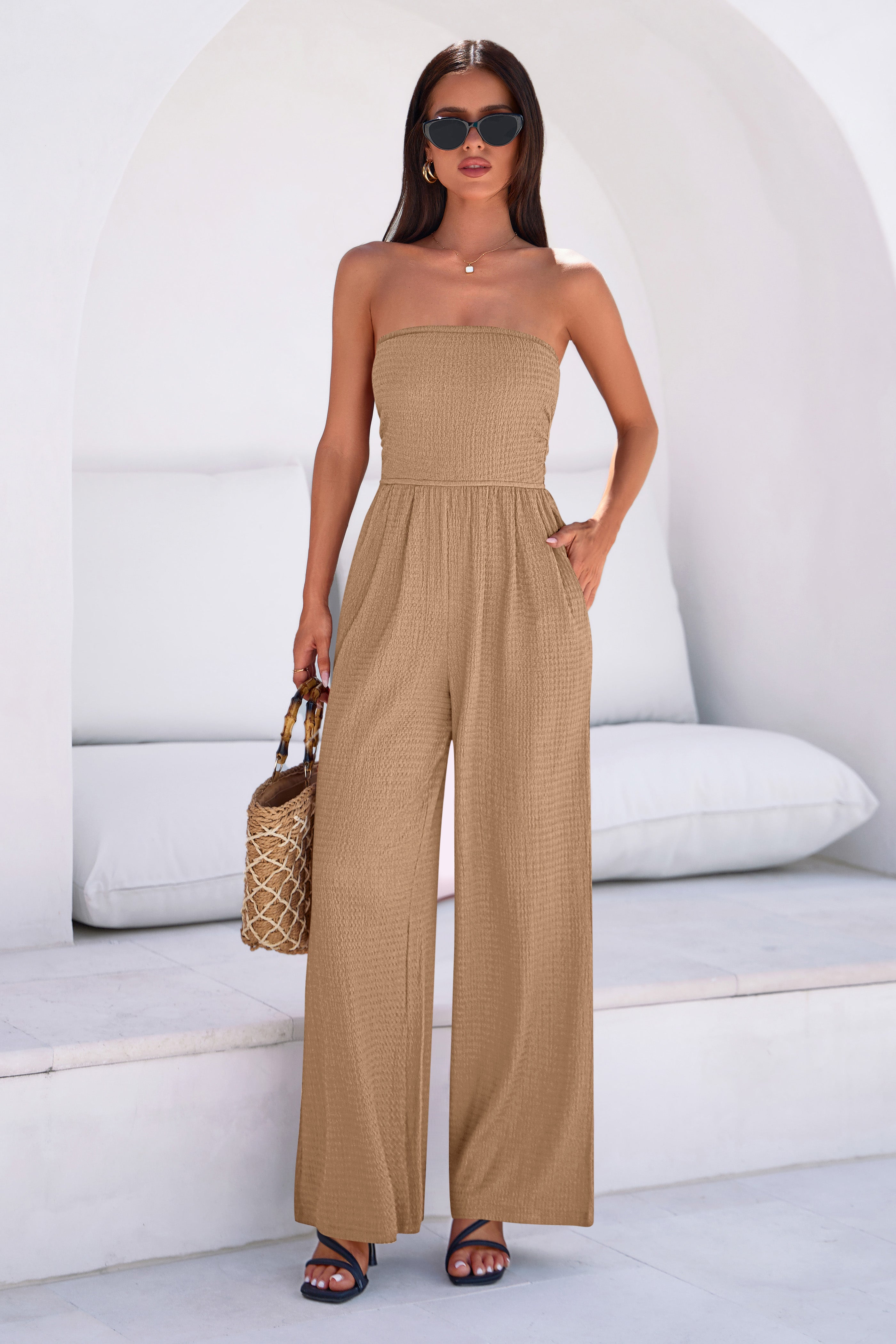 MASCOMODA One Piece Jumpsuits for Women Strapless Smocked Casual Rompers Long Pants with Pockets Vacation Summer Outfits