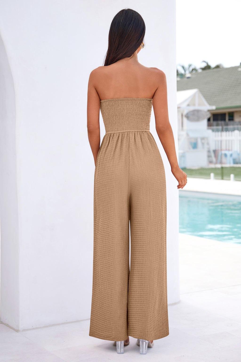MASCOMODA One Piece Jumpsuits for Women Strapless Smocked Casual Rompers Long Pants with Pockets Vacation Summer Outfits