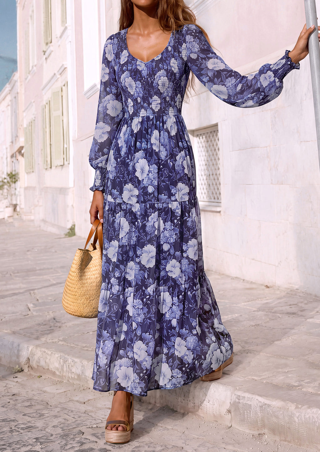 MASCOMODA Womens Flroal Long Sleeve Dress Boho A Line Fall Maxi Dresses Sheer Lantern Sleeve, Lined & Pockets, Smocked Front Back, High Waisted Flowy Long Dress, Tiered Fall Wedding Guest Dresses