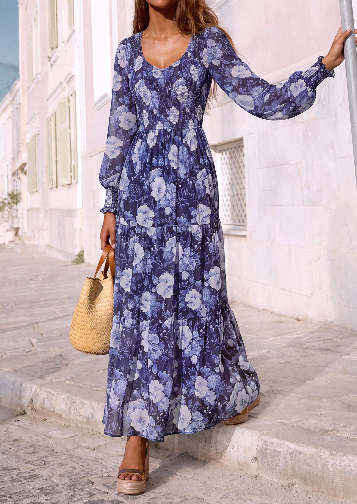 MASCOMODA Womens Flroal Long Sleeve Dress Boho A Line Fall Maxi Dresses Sheer Lantern Sleeve, Lined & Pockets, Smocked Front Back, High Waisted Flowy Long Dress, Tiered Fall Wedding Guest Dresses