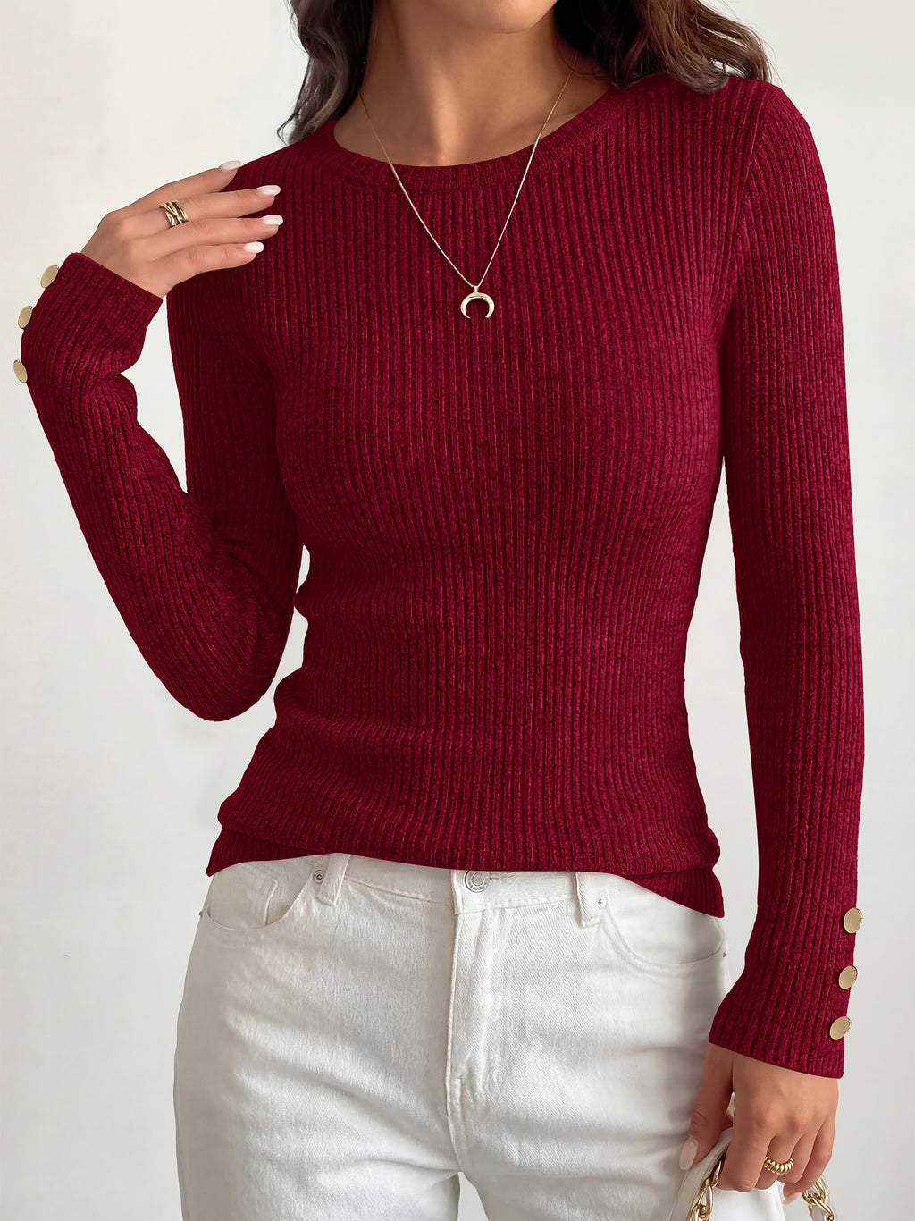 MASCOMODA Fall Long Sleeve Shirts for Women Dressy Crewneck Ribbed Knit Work Tops with Button Cuffs Business Casual Outfits
