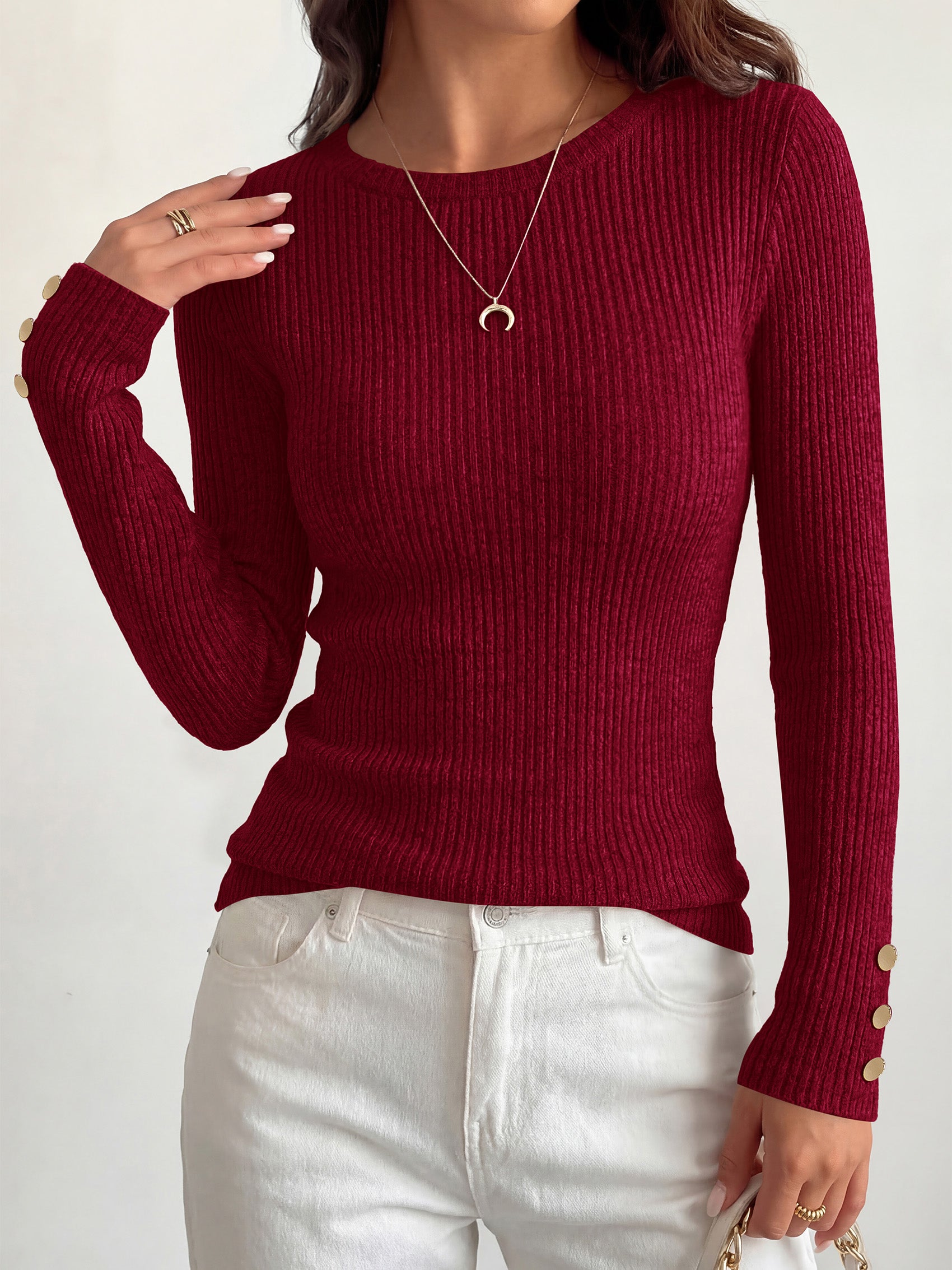MASCOMODA Fall Long Sleeve Shirts for Women Dressy Crewneck Ribbed Knit Work Tops with Button Cuffs Business Casual Outfits