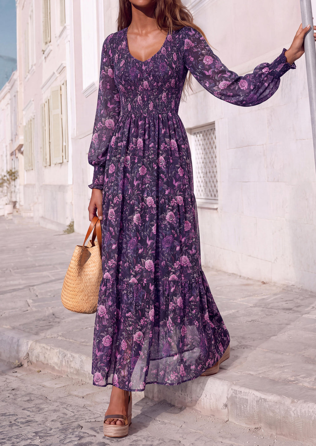 MASCOMODA Womens Flroal Long Sleeve Dress Boho A Line Fall Maxi Dresses Sheer Lantern Sleeve, Lined & Pockets, Smocked Front Back, High Waisted Flowy Long Dress, Tiered Fall Wedding Guest Dresses