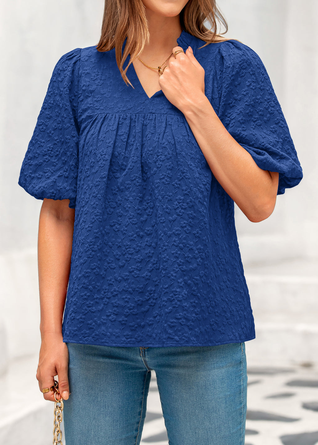 MASCOMODA Womens Summer Tops 2026 Ruffle V Neck Blouses Loose Puff Short Sleeve Jacquard Babydoll Tops Casual Dressy T-Shirts