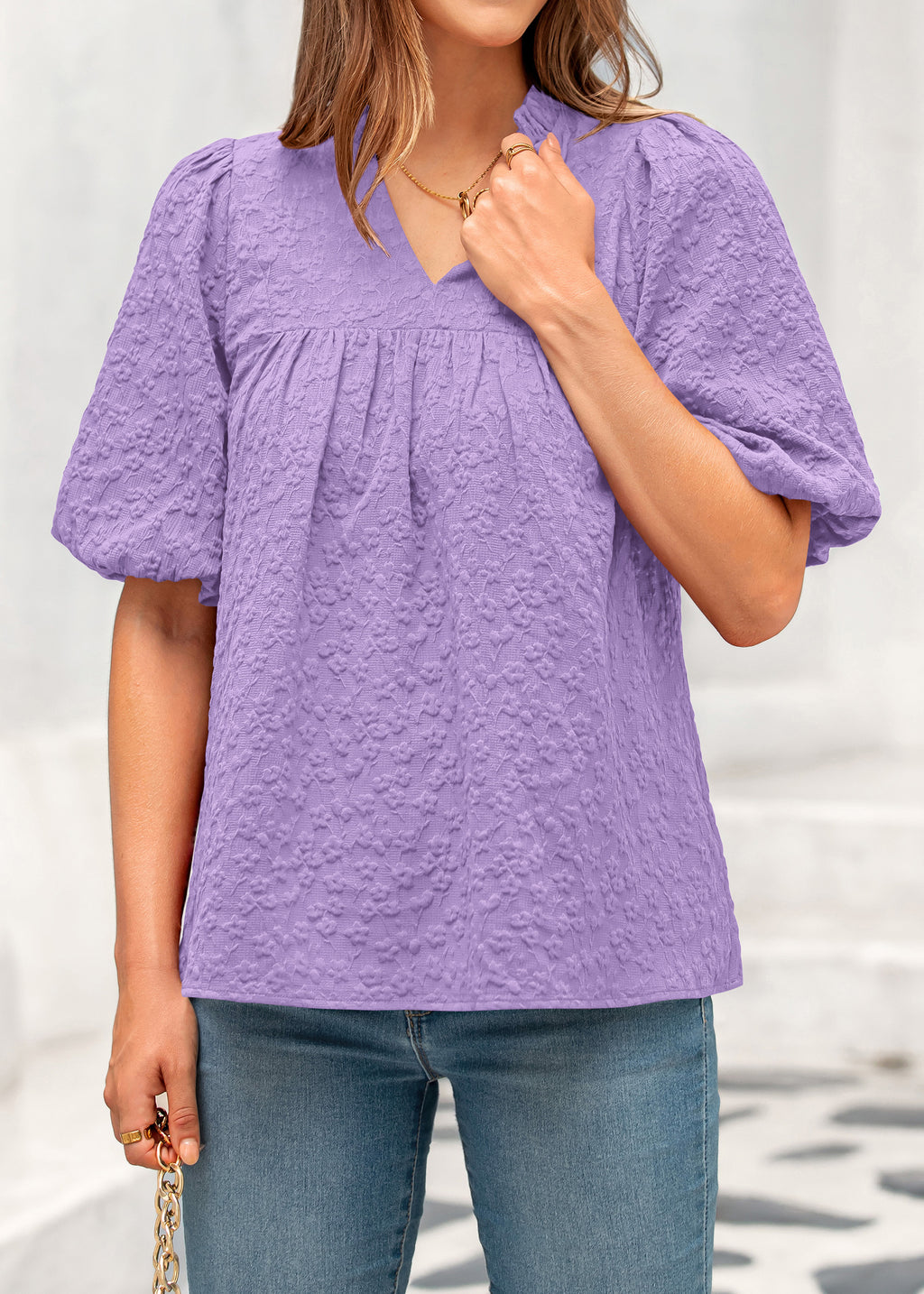MASCOMODA Womens Summer Tops 2026 Ruffle V Neck Blouses Loose Puff Short Sleeve Jacquard Babydoll Tops Casual Dressy T-Shirts