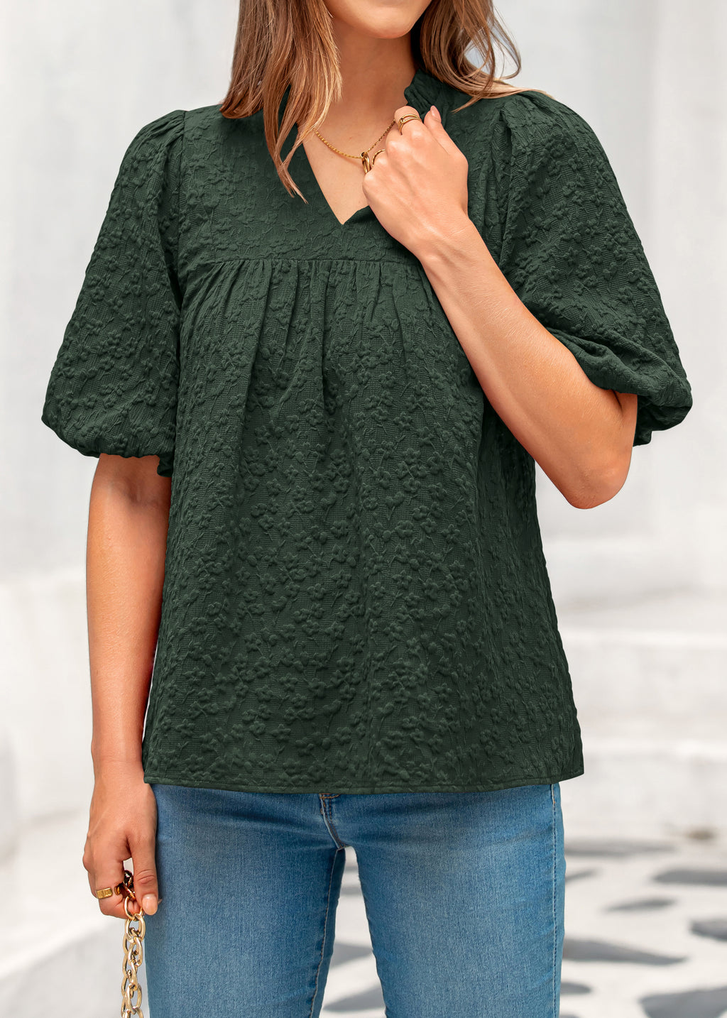 MASCOMODA Womens Summer Tops 2026 Ruffle V Neck Blouses Loose Puff Short Sleeve Jacquard Babydoll Tops Casual Dressy T-Shirts