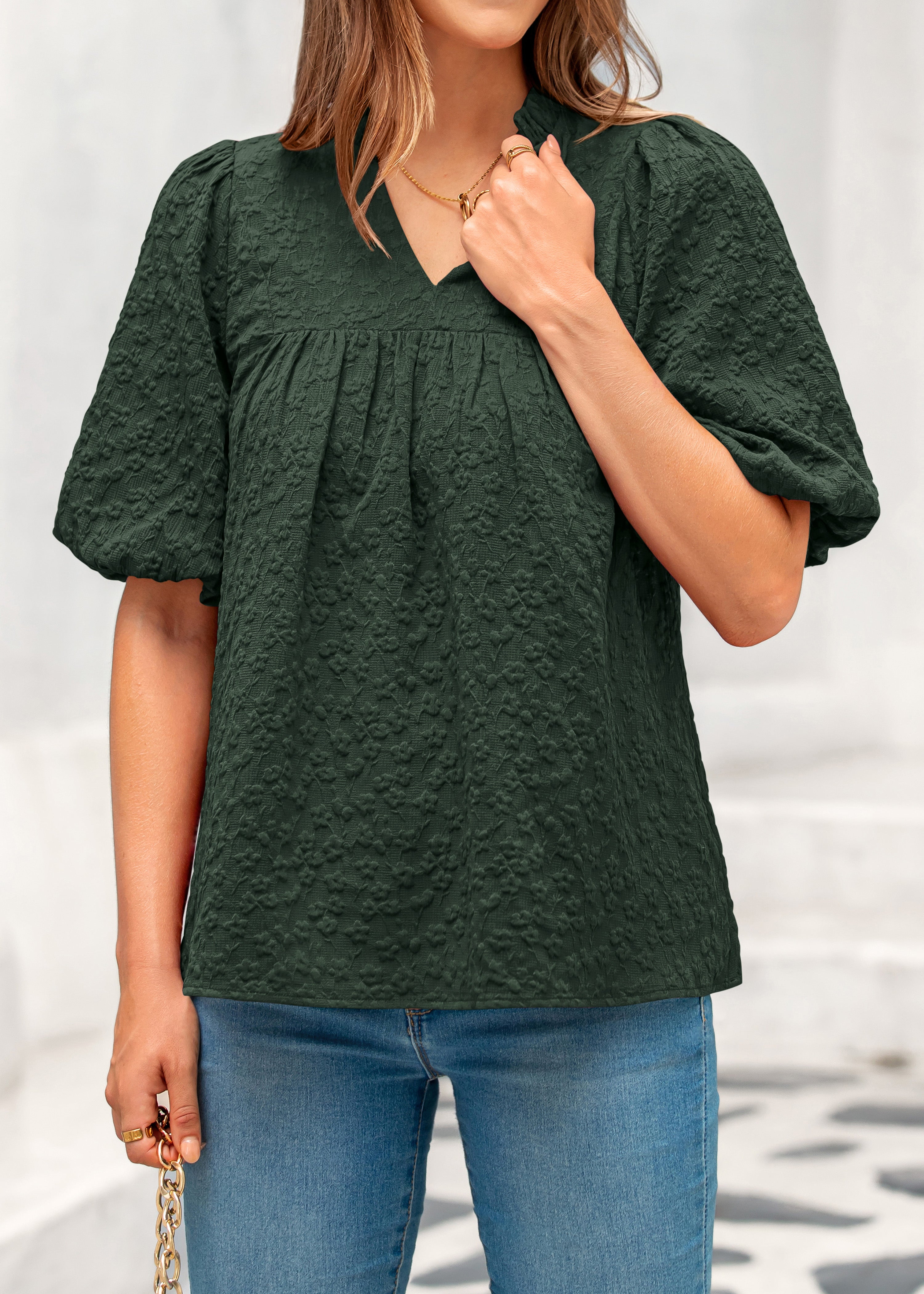 MASCOMODA Womens Summer Tops 2026 Ruffle V Neck Blouses Loose Puff Short Sleeve Jacquard Babydoll Tops Casual Dressy T-Shirts