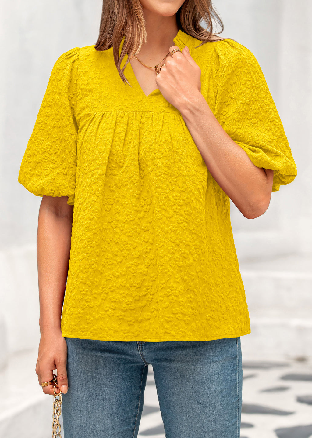 MASCOMODA Womens Summer Tops 2026 Ruffle V Neck Blouses Loose Puff Short Sleeve Jacquard Babydoll Tops Casual Dressy T-Shirts