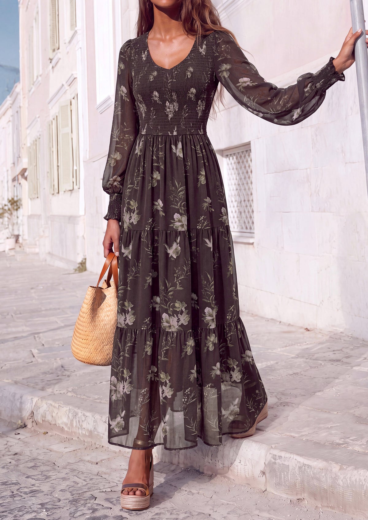 MASCOMODA Womens Flroal Long Sleeve Dress Boho A Line Fall Maxi Dresses Sheer Lantern Sleeve, Lined & Pockets, Smocked Front Back, High Waisted Flowy Long Dress, Tiered Fall Wedding Guest Dresses