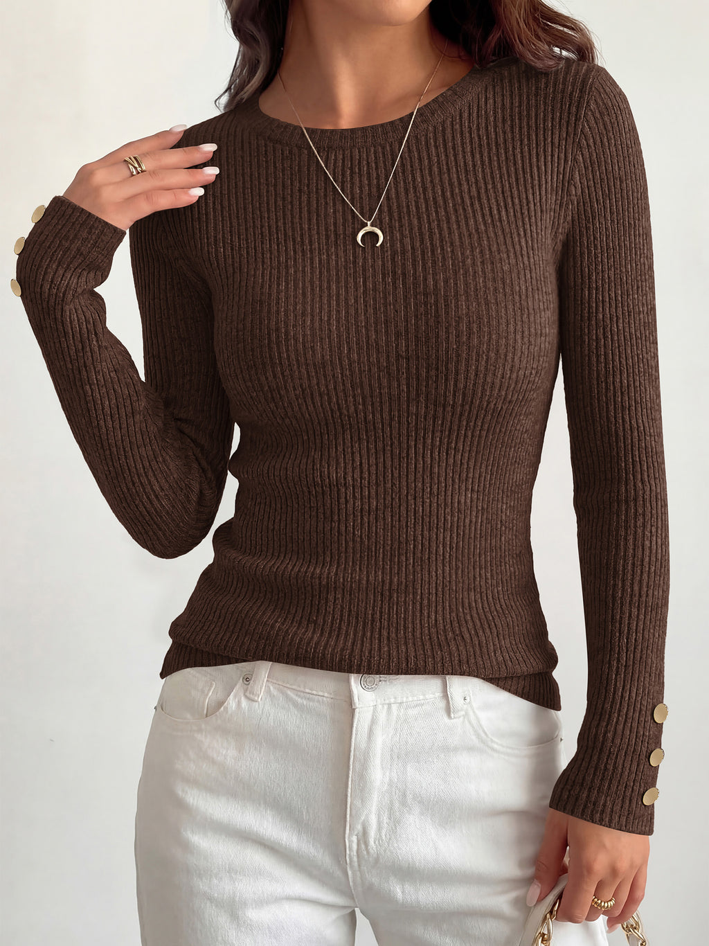 MASCOMODA Fall Long Sleeve Shirts for Women Dressy Crewneck Ribbed Knit Work Tops with Button Cuffs Business Casual Outfits