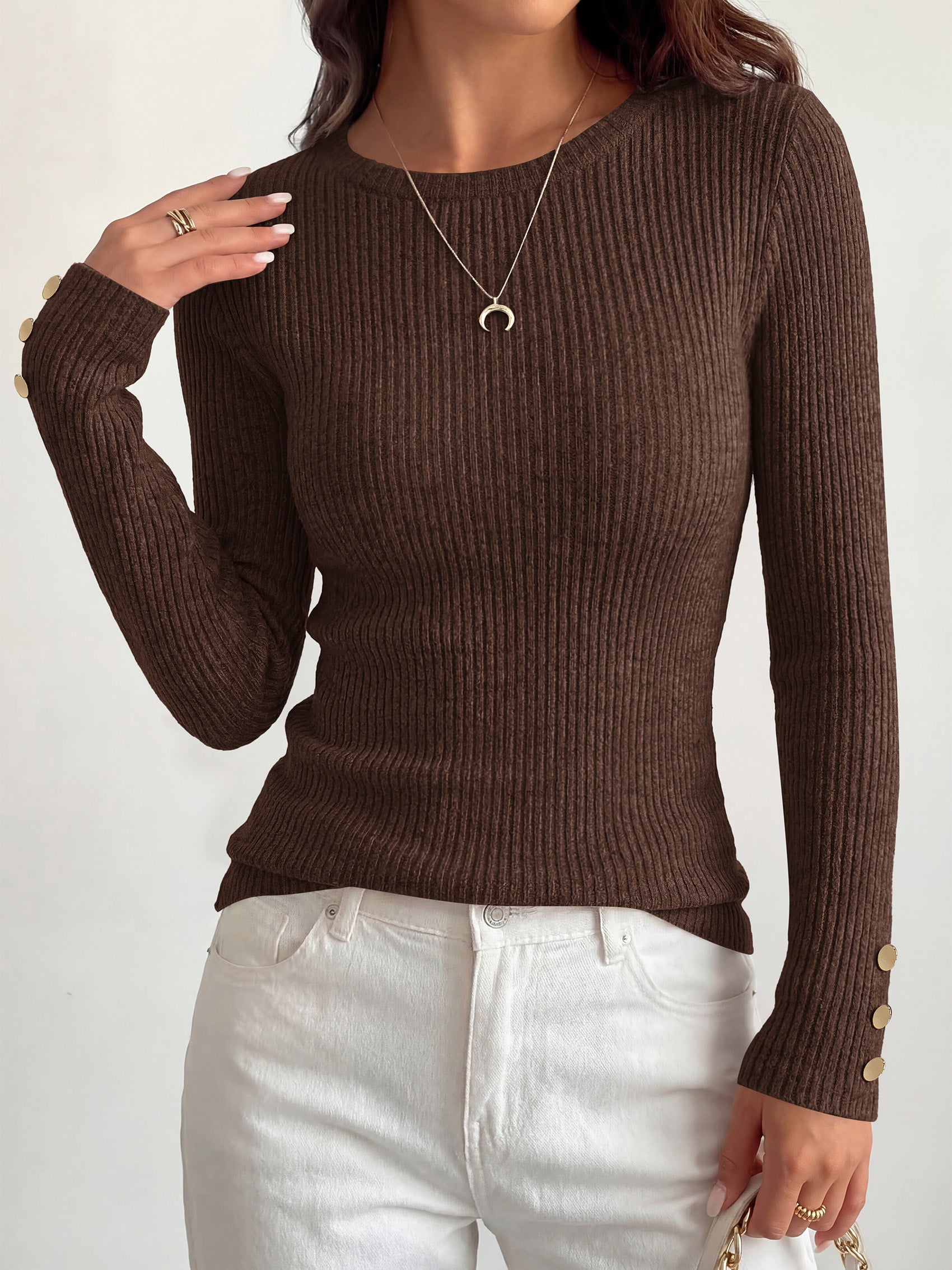MASCOMODA Fall Long Sleeve Shirts for Women Dressy Crewneck Ribbed Knit Work Tops with Button Cuffs Business Casual Outfits