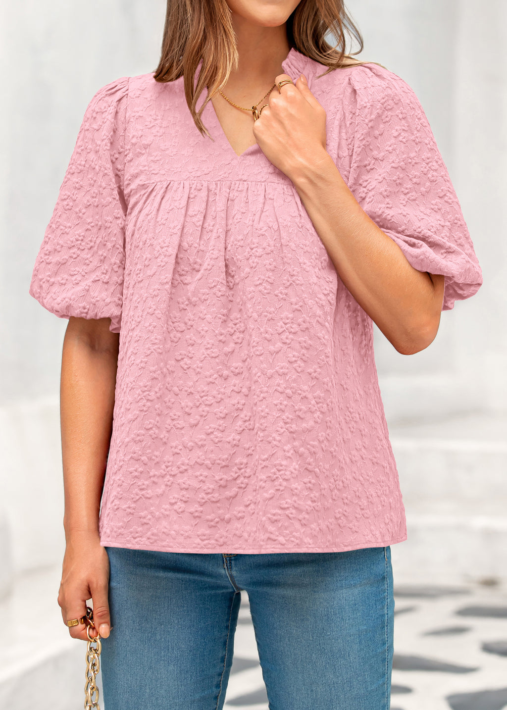MASCOMODA Womens Summer Tops 2026 Ruffle V Neck Blouses Loose Puff Short Sleeve Jacquard Babydoll Tops Casual Dressy T-Shirts