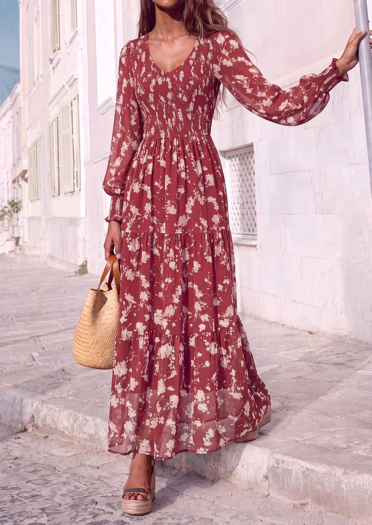 MASCOMODA Womens Flroal Long Sleeve Dress Boho A Line Fall Maxi Dresses Sheer Lantern Sleeve, Lined & Pockets, Smocked Front Back, High Waisted Flowy Long Dress, Tiered Fall Wedding Guest Dresses