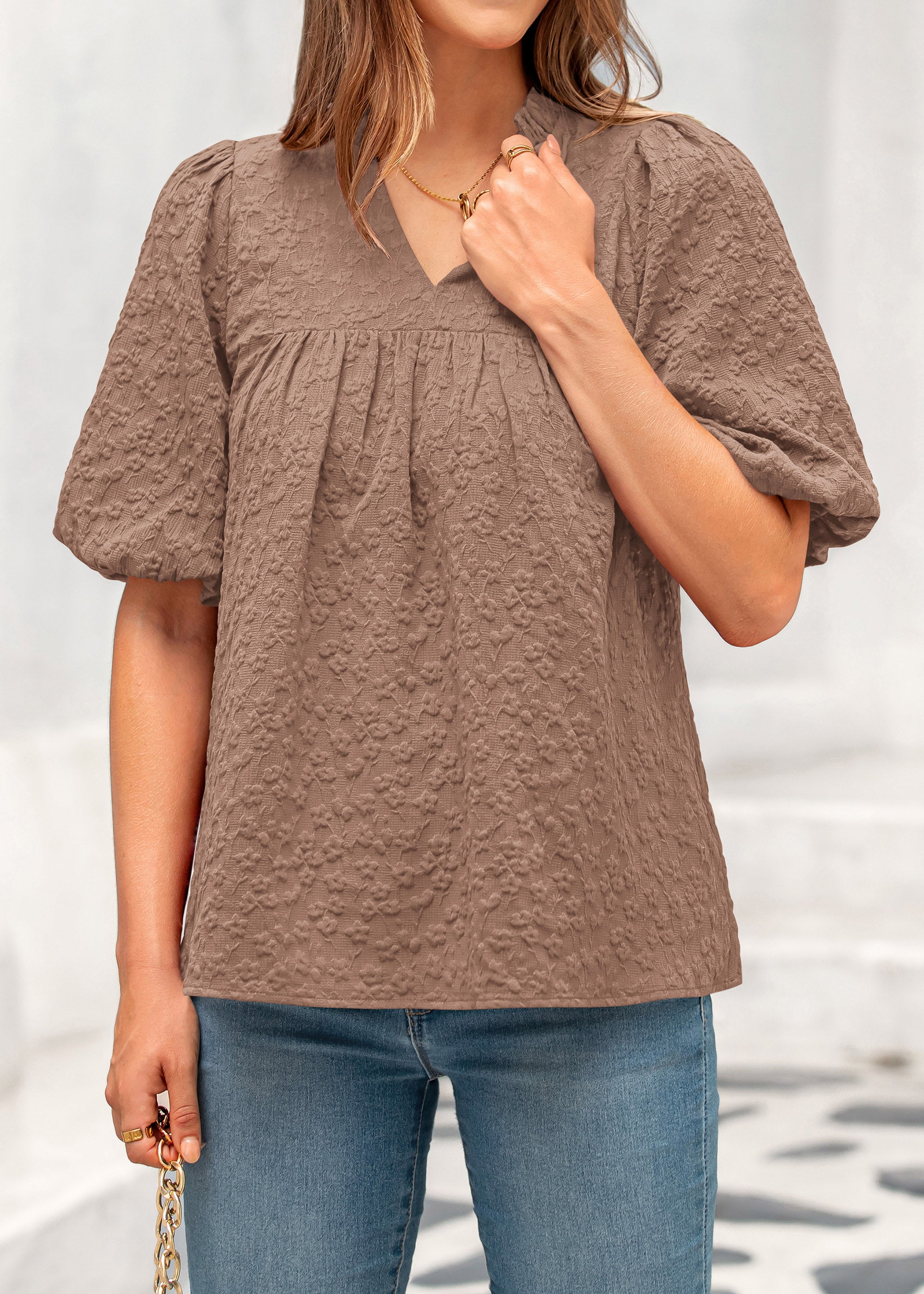 MASCOMODA Womens Summer Tops 2026 Ruffle V Neck Blouses Loose Puff Short Sleeve Jacquard Babydoll Tops Casual Dressy T-Shirts