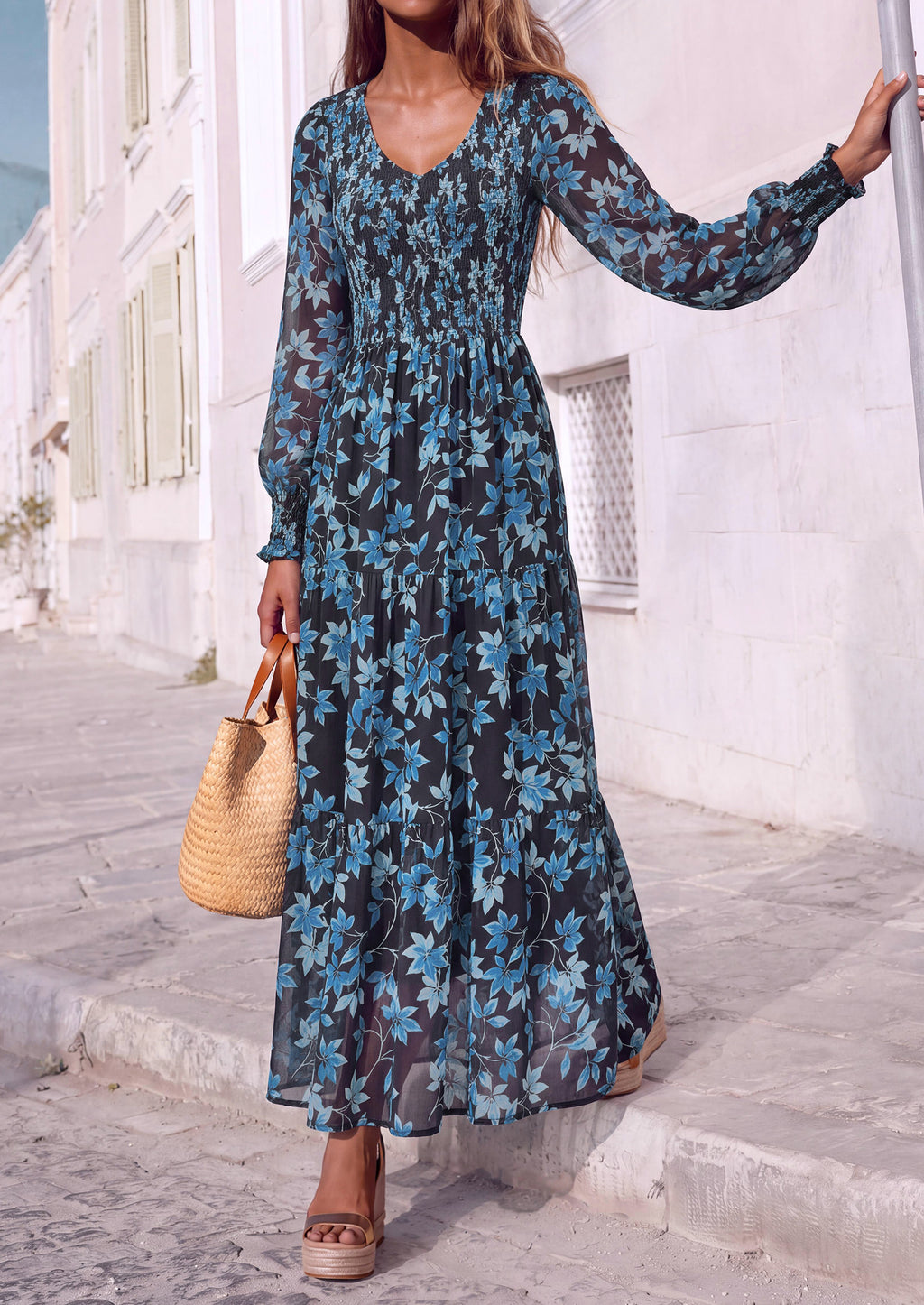 MASCOMODA Womens Flroal Long Sleeve Dress Boho A Line Fall Maxi Dresses Sheer Lantern Sleeve, Lined & Pockets, Smocked Front Back, High Waisted Flowy Long Dress, Tiered Fall Wedding Guest Dresses