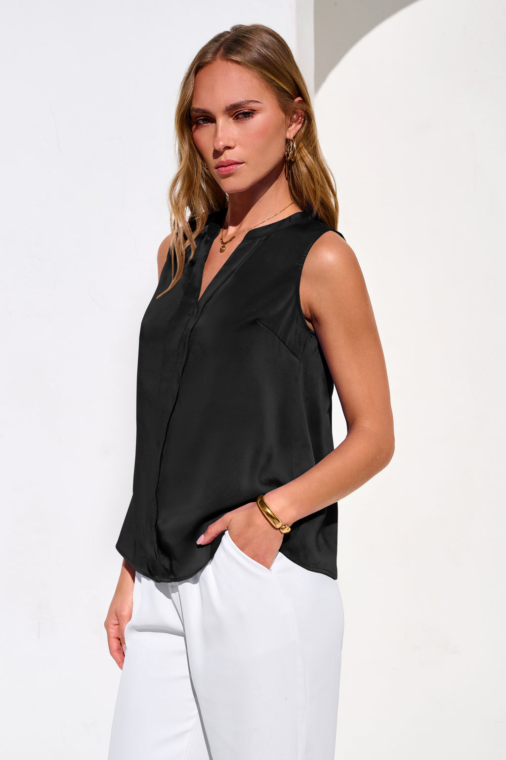 MASCOMODA Women's Satin V Neck Tank Tops Dressy Spring Summer 2026 Silk Sleeveless Blouse Work Shirts Business Casual Outfits