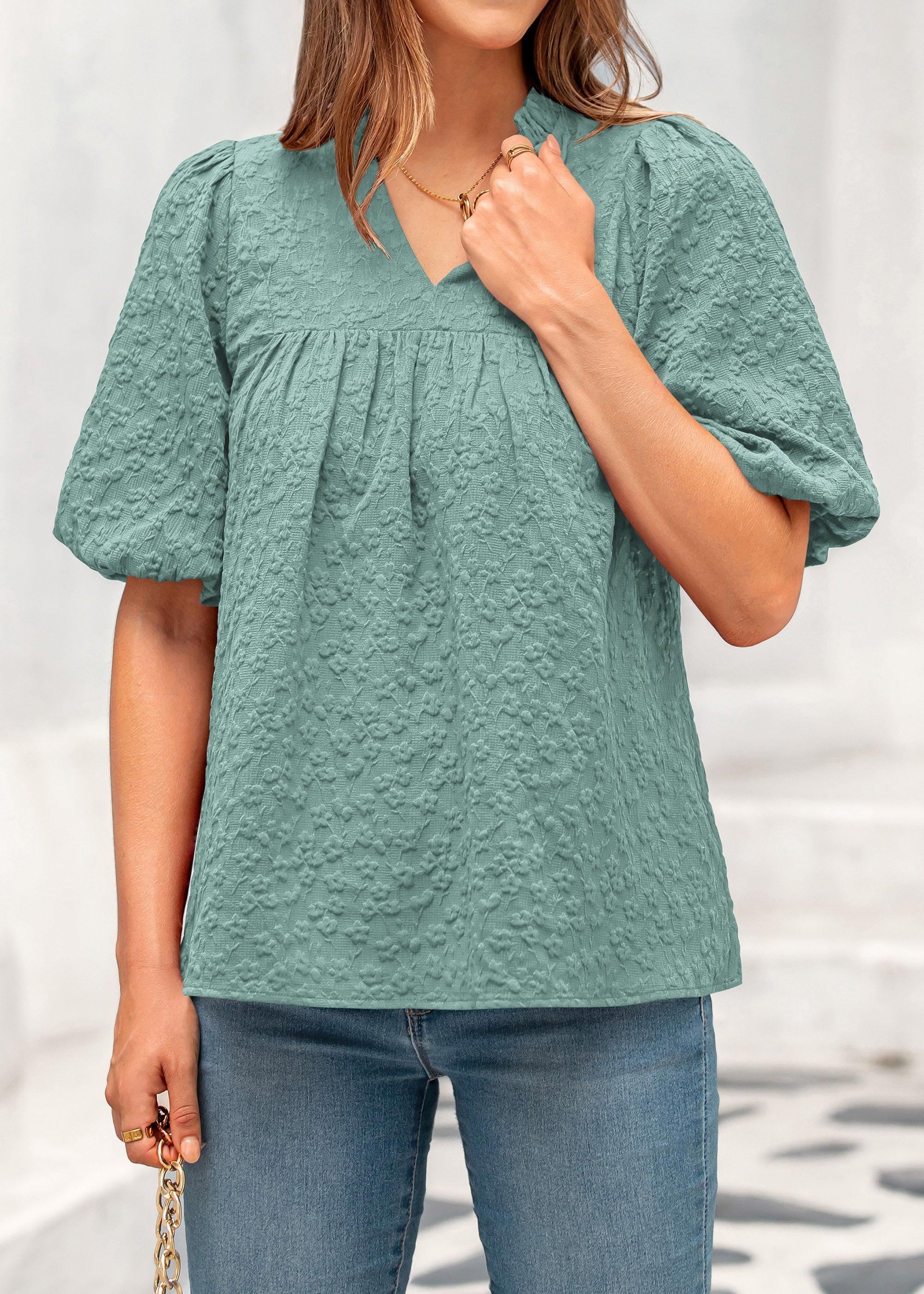MASCOMODA Womens Summer Tops 2026 Ruffle V Neck Blouses Loose Puff Short Sleeve Jacquard Babydoll Tops Casual Dressy T-Shirts