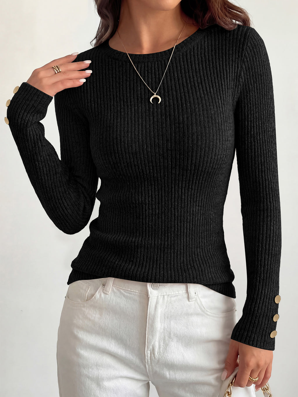 MASCOMODA Fall Long Sleeve Shirts for Women Dressy Crewneck Ribbed Knit Work Tops with Button Cuffs Business Casual Outfits
