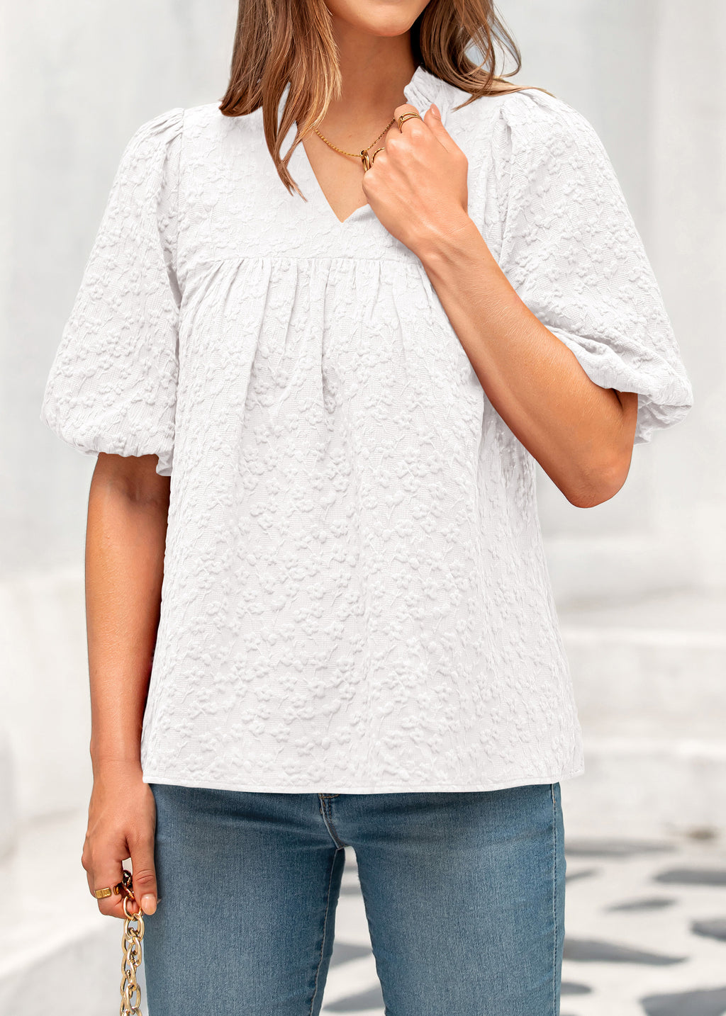 MASCOMODA Womens Summer Tops 2026 Ruffle V Neck Blouses Loose Puff Short Sleeve Jacquard Babydoll Tops Casual Dressy T-Shirts