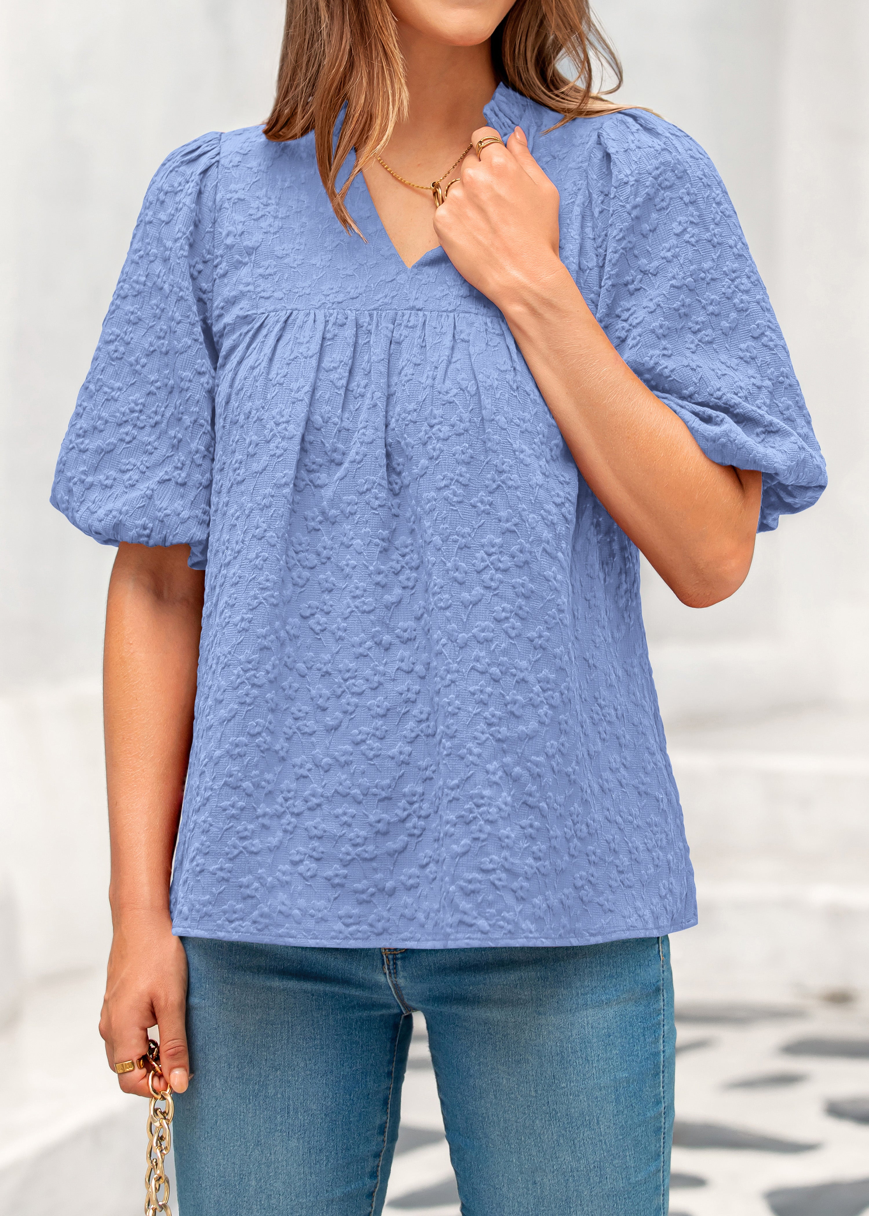 MASCOMODA Womens Summer Tops 2026 Ruffle V Neck Blouses Loose Puff Short Sleeve Jacquard Babydoll Tops Casual Dressy T-Shirts