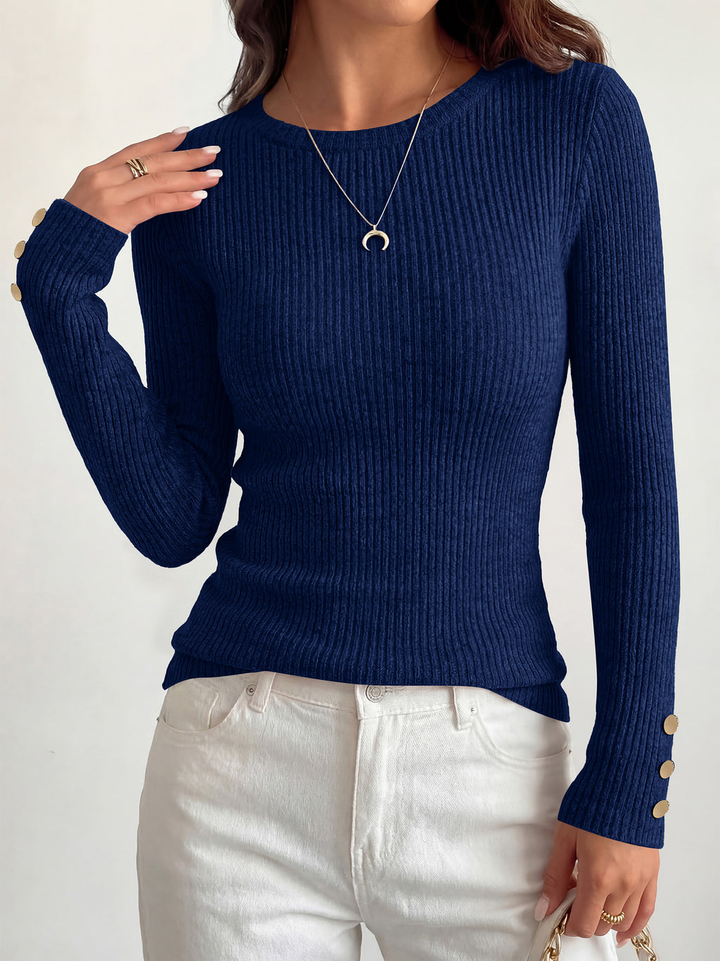 MASCOMODA Fall Long Sleeve Shirts for Women Dressy Crewneck Ribbed Knit Work Tops with Button Cuffs Business Casual Outfits