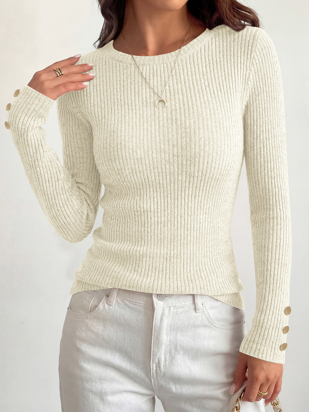MASCOMODA Fall Long Sleeve Shirts for Women Dressy Crewneck Ribbed Knit Work Tops with Button Cuffs Business Casual Outfits