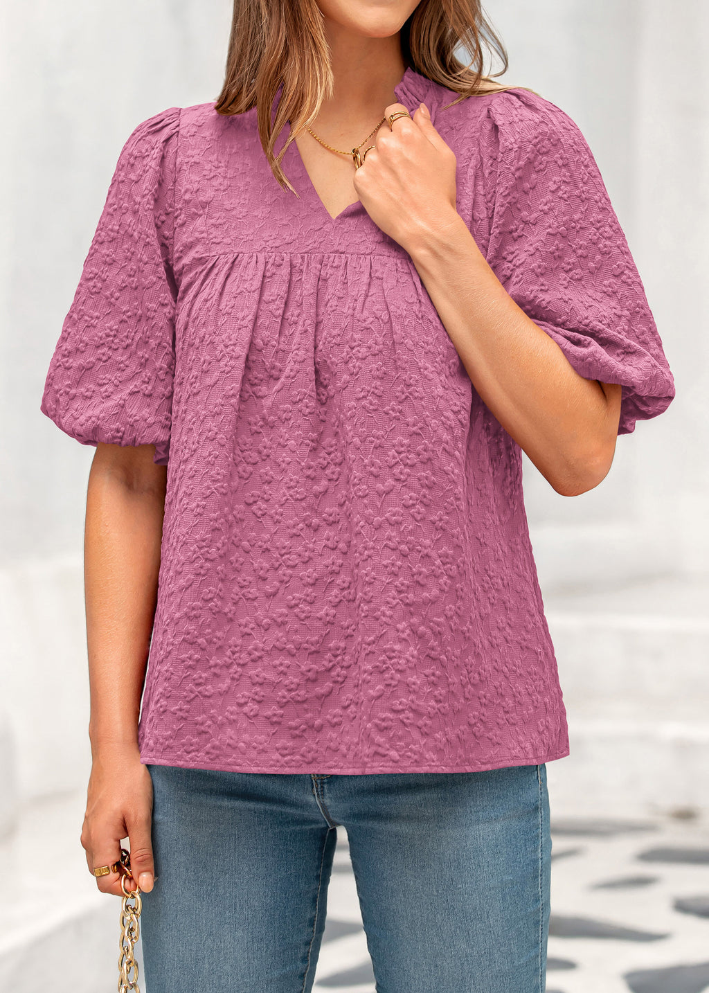 MASCOMODA Womens Summer Tops 2026 Ruffle V Neck Blouses Loose Puff Short Sleeve Jacquard Babydoll Tops Casual Dressy T-Shirts