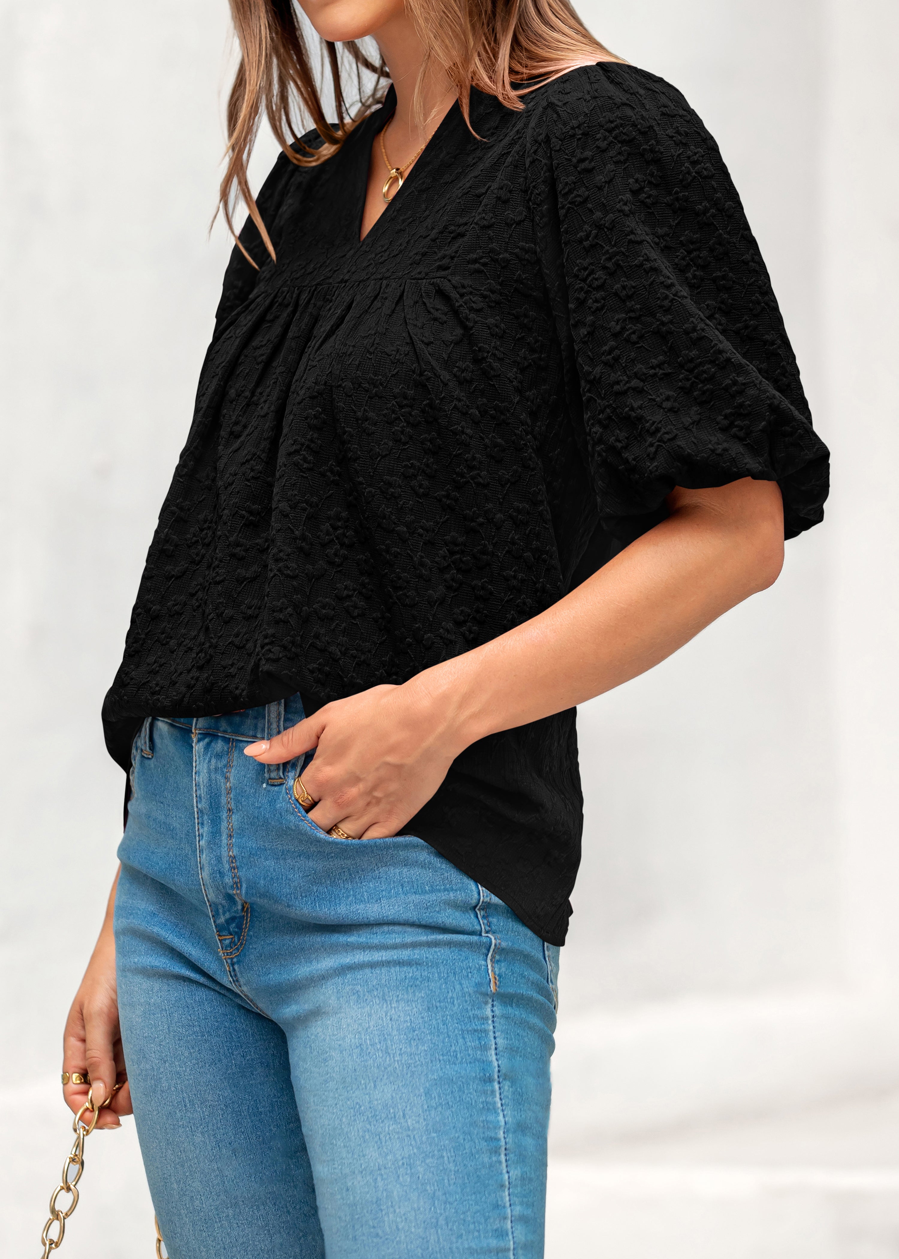 MASCOMODA Womens Summer Tops 2026 Ruffle V Neck Blouses Loose Puff Short Sleeve Jacquard Babydoll Tops Casual Dressy T-Shirts