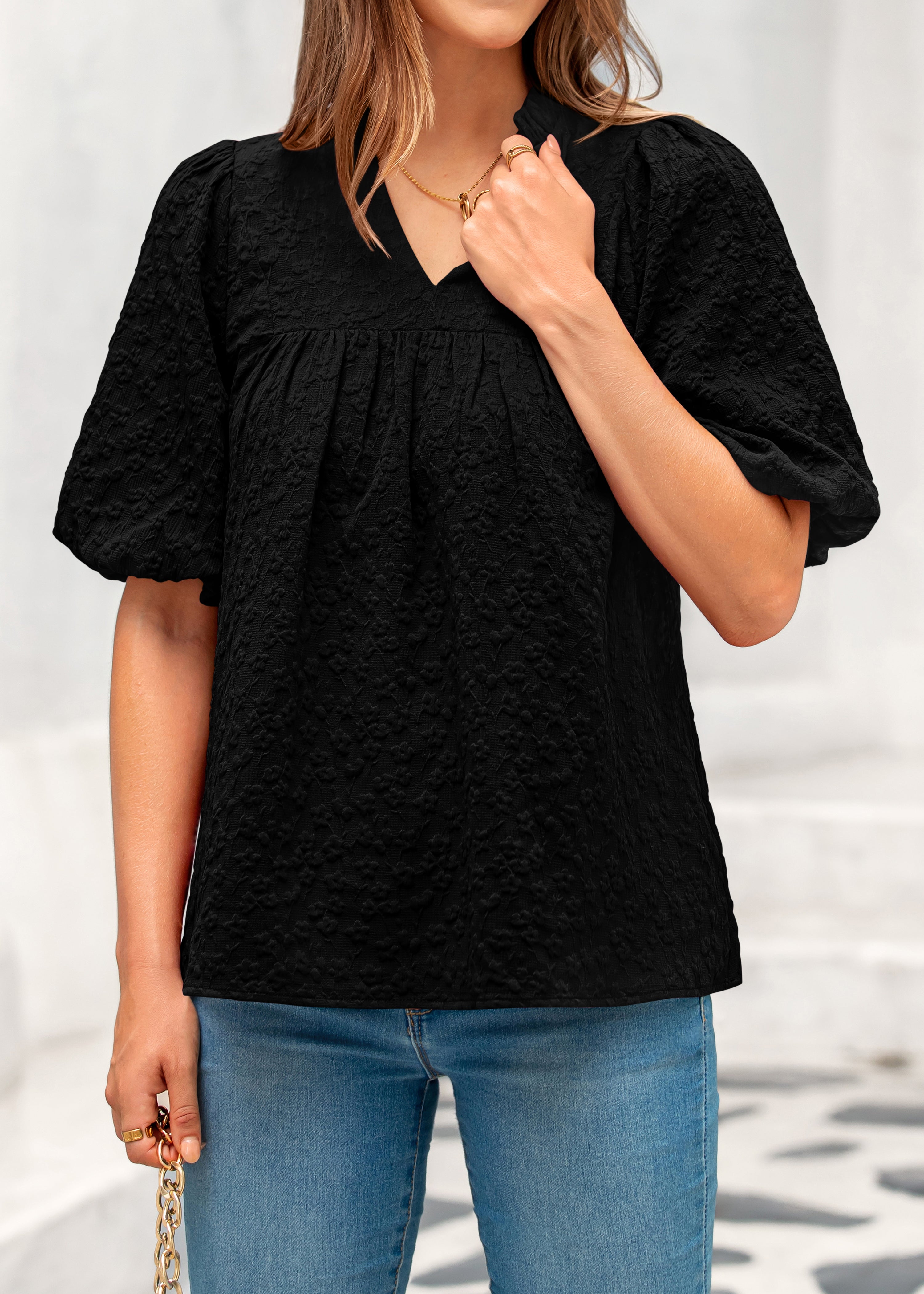 MASCOMODA Womens Summer Tops 2026 Ruffle V Neck Blouses Loose Puff Short Sleeve Jacquard Babydoll Tops Casual Dressy T-Shirts