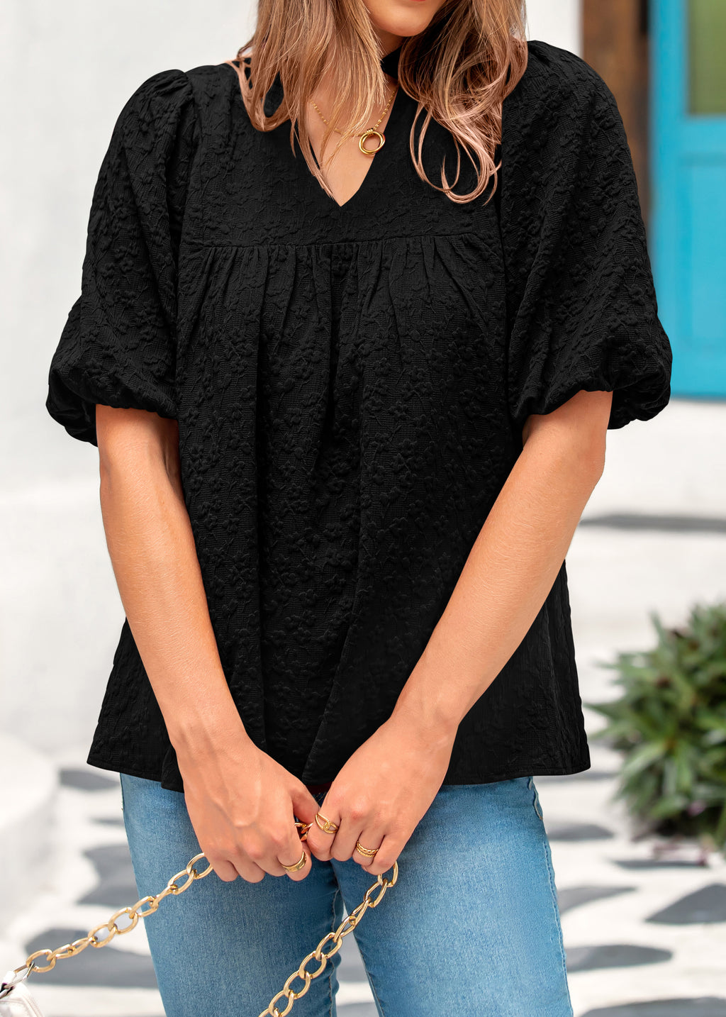 MASCOMODA Womens Summer Tops 2026 Ruffle V Neck Blouses Loose Puff Short Sleeve Jacquard Babydoll Tops Casual Dressy T-Shirts
