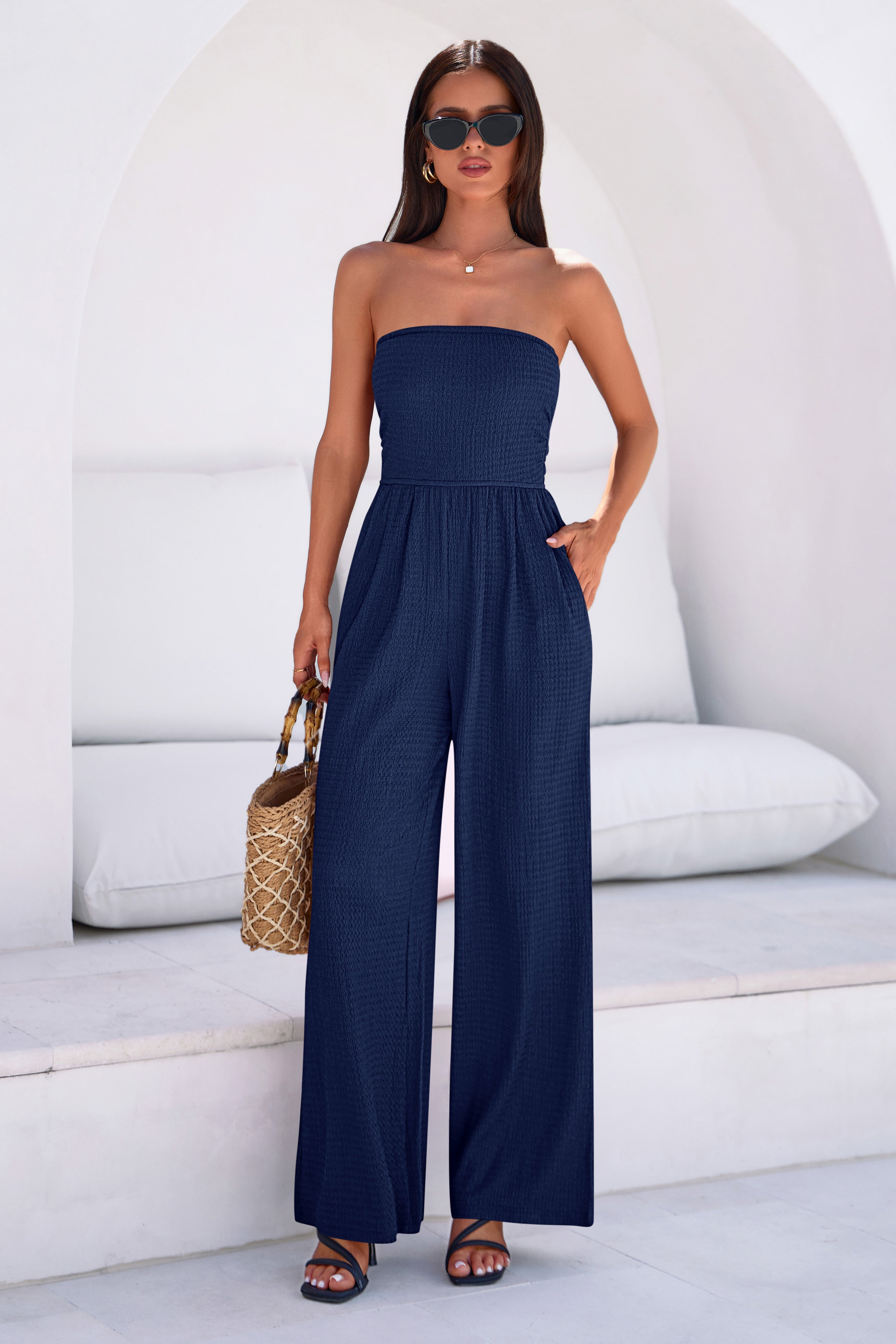 MASCOMODA One Piece Jumpsuits for Women Strapless Smocked Casual Rompers Long Pants with Pockets Vacation Summer Outfits