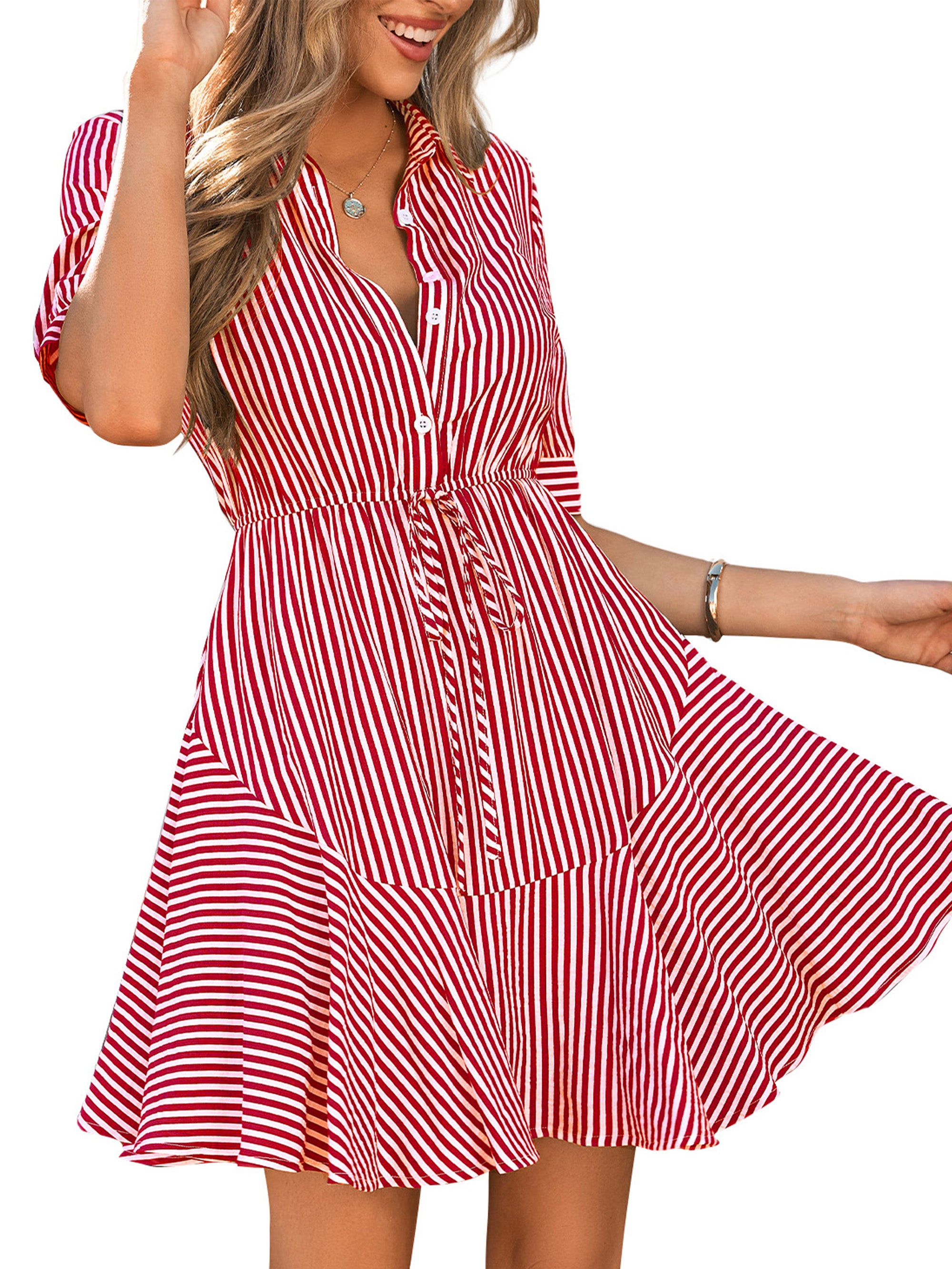 MASCOMODA Womens Striped Summer Short Sleeve Mini Dress Casual V Neck Button Down Flowy A Line Tie Waist Shirt Dresses