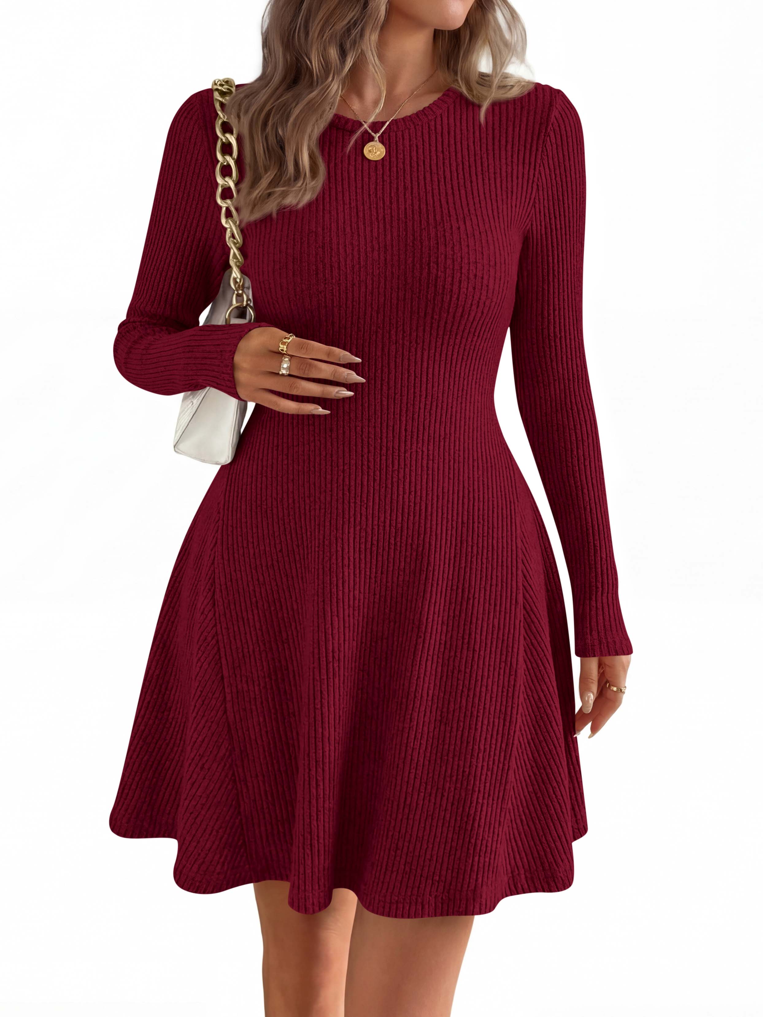 MASCOMODA Womens Fall Fashion 2026 Long Sleeve Mini Sweater Dress Casual Crewneck Ribbed Knit A Line Short Cocktail Dresses