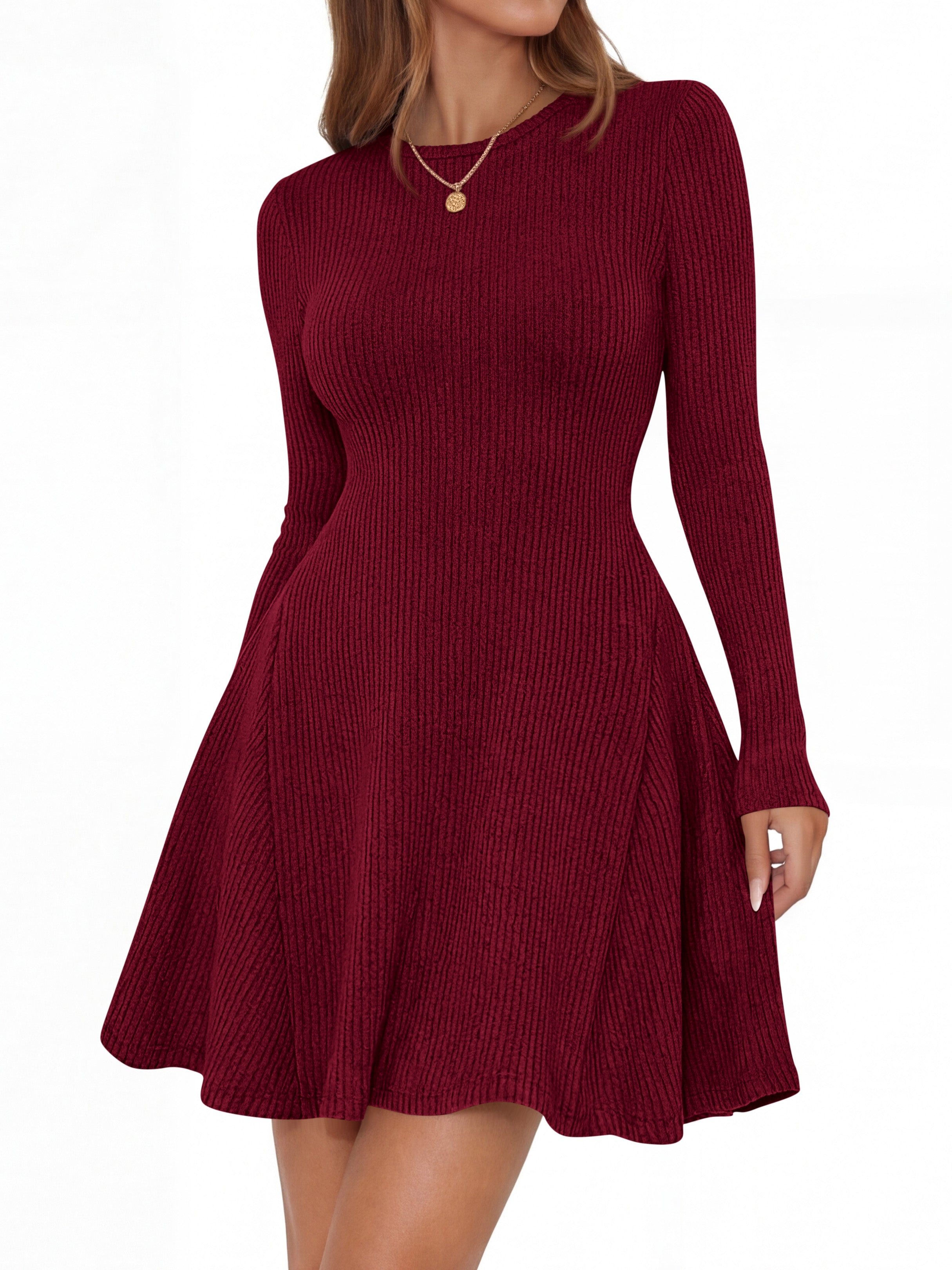 MASCOMODA Womens Fall Fashion 2026 Long Sleeve Mini Sweater Dress Casual Crewneck Ribbed Knit A Line Short Cocktail Dresses