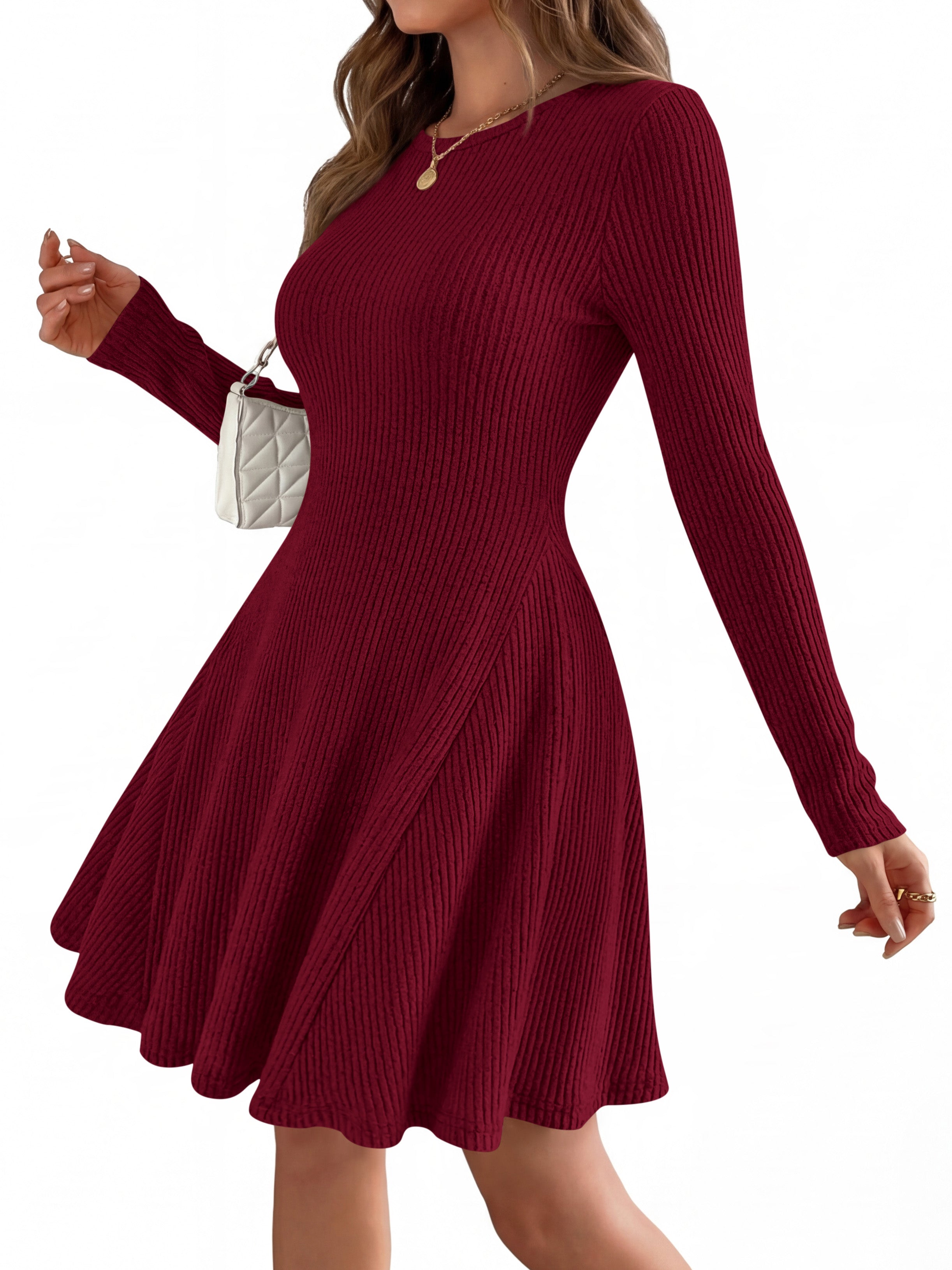 MASCOMODA Womens Fall Fashion 2026 Long Sleeve Mini Sweater Dress Casual Crewneck Ribbed Knit A Line Short Cocktail Dresses