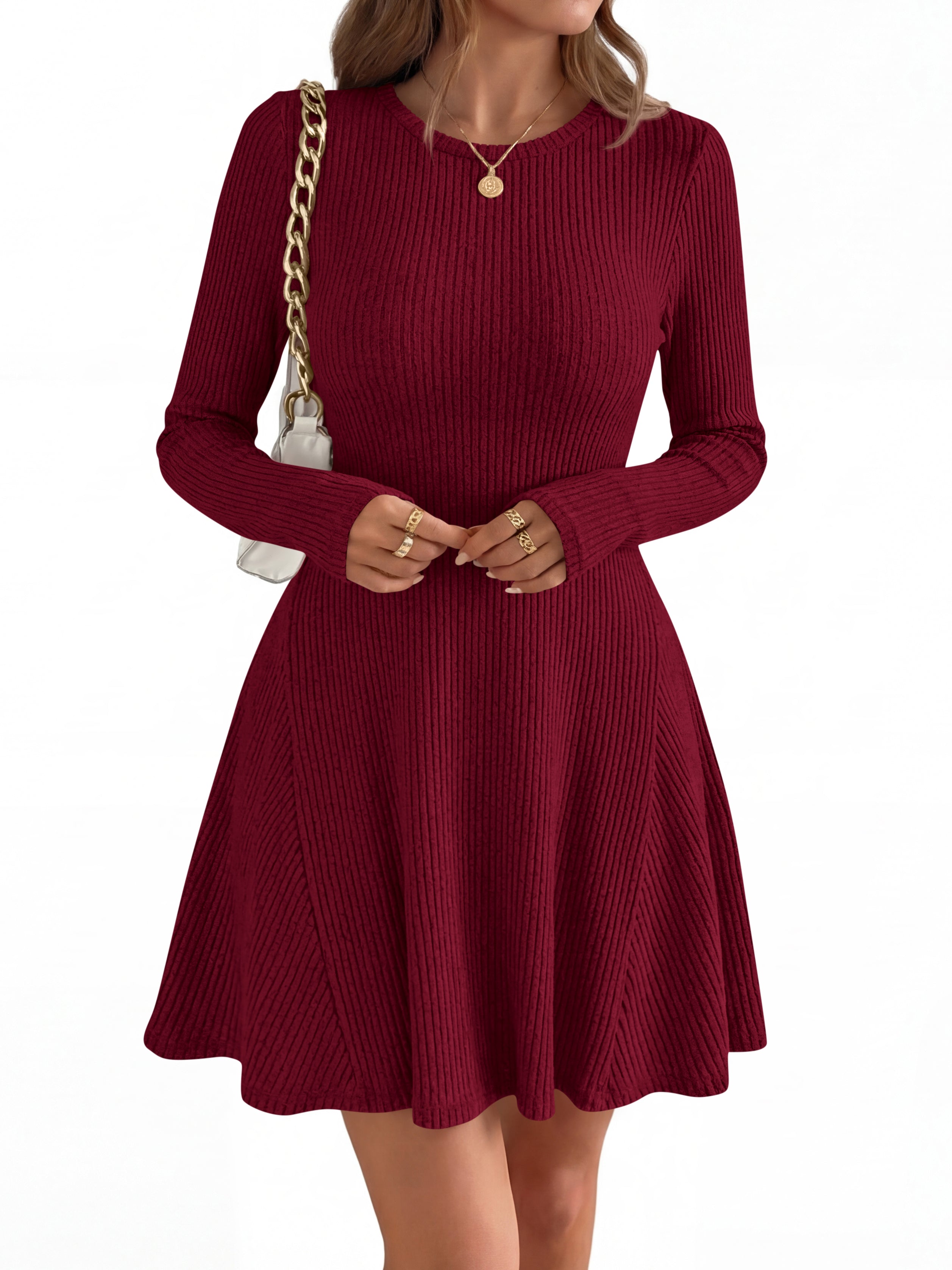 MASCOMODA Womens Fall Fashion 2026 Long Sleeve Mini Sweater Dress Casual Crewneck Ribbed Knit A Line Short Cocktail Dresses