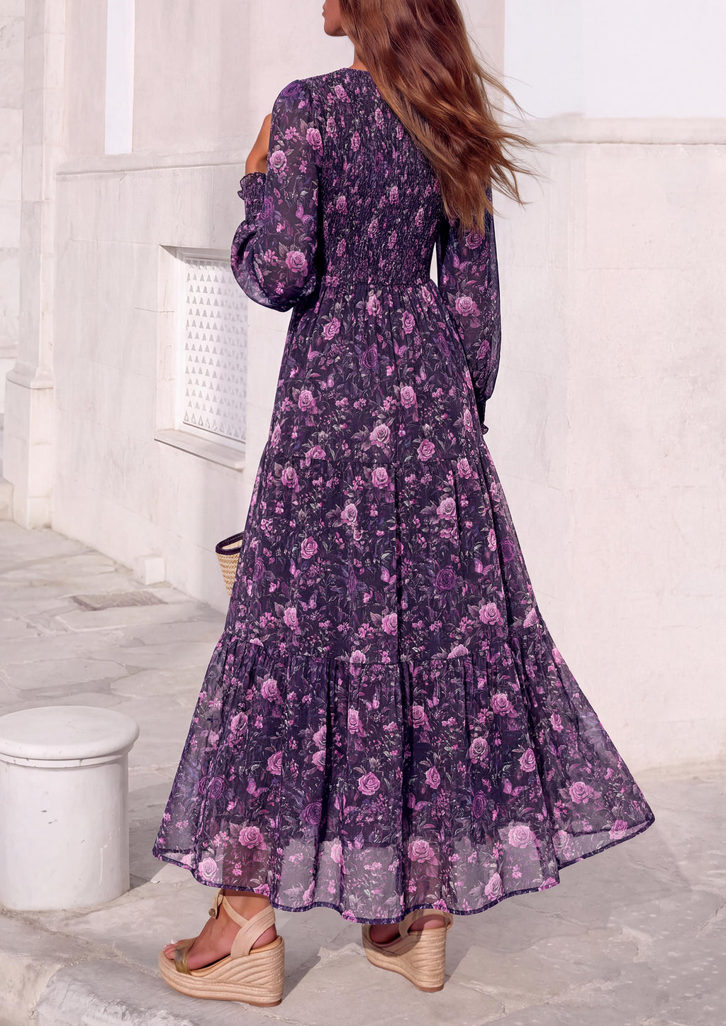 MASCOMODA Womens Flroal Long Sleeve Dress Boho A Line Fall Maxi Dresses Sheer Lantern Sleeve, Lined & Pockets, Smocked Front Back, High Waisted Flowy Long Dress, Tiered Fall Wedding Guest Dresses