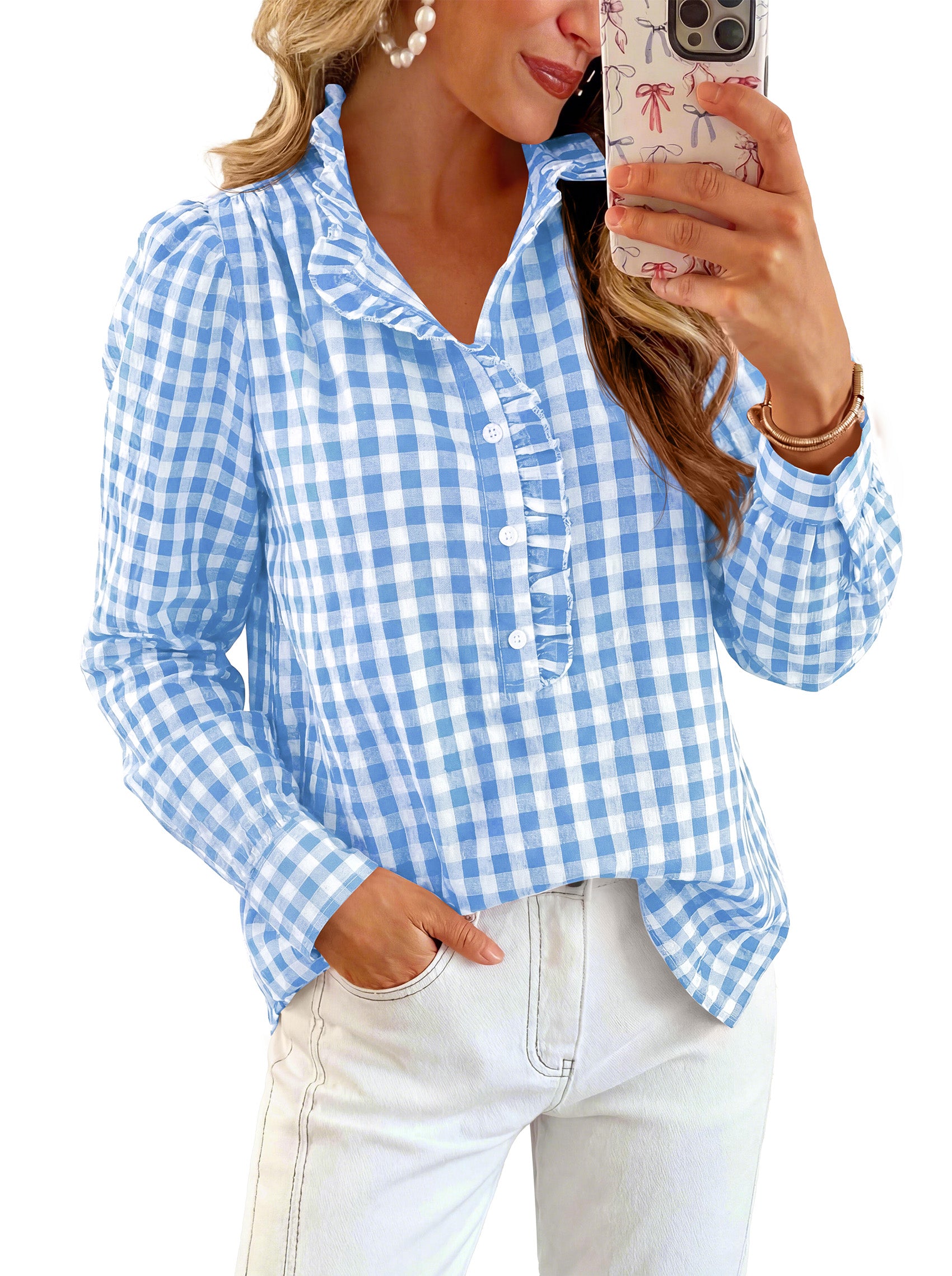 MASCOMODA Womens Long Sleeve Button Down Tops Plaid Shirts | 100% Cotton Shirts, Lightweight, Ruffled Collar, Puff Sleeve Gingham Top, Business Casual Work Blouses, Fall Office Wear