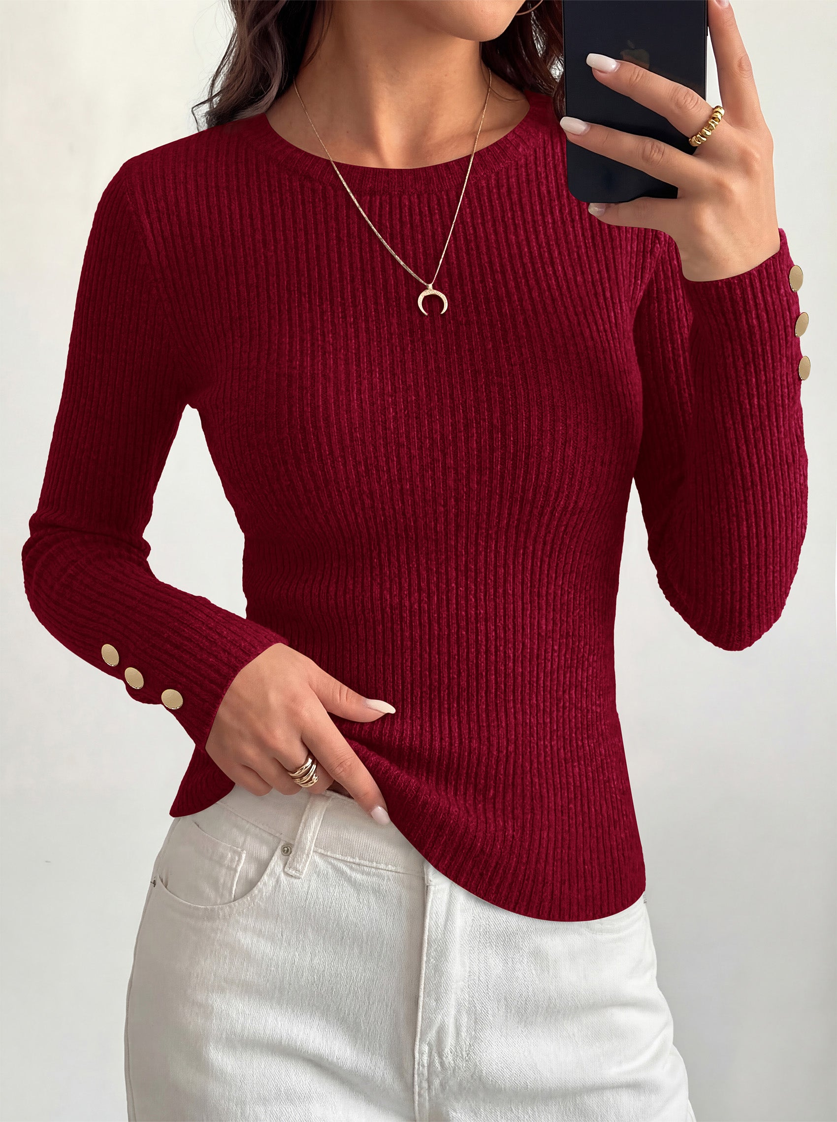 MASCOMODA Fall Long Sleeve Shirts for Women Dressy Crewneck Ribbed Knit Work Tops with Button Cuffs Business Casual Outfits