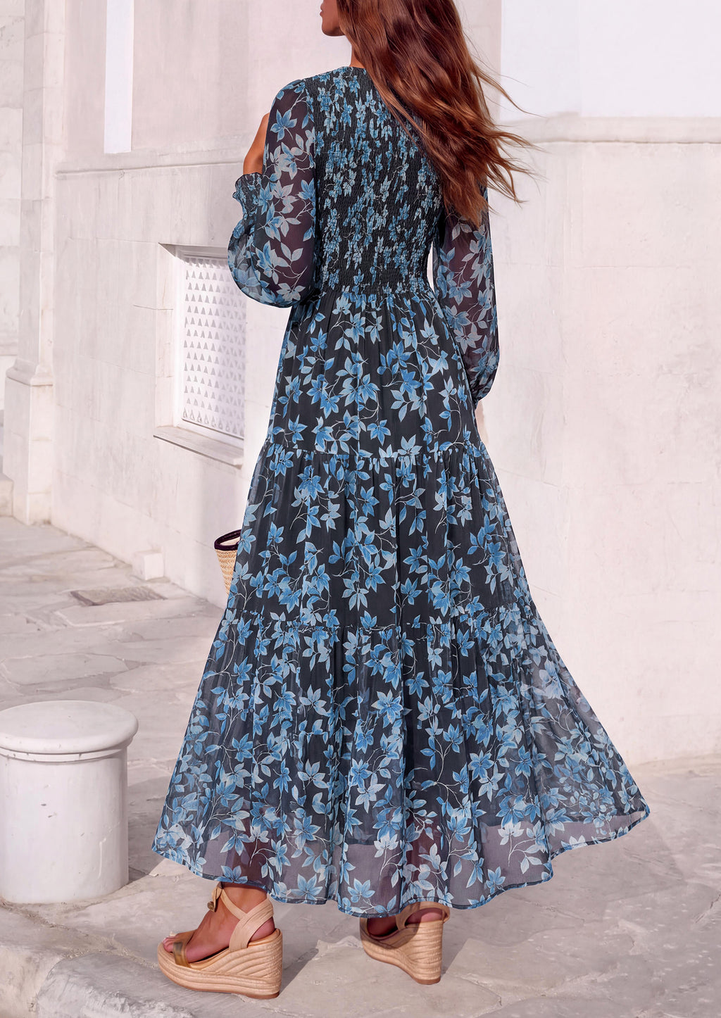 MASCOMODA Womens Flroal Long Sleeve Dress Boho A Line Fall Maxi Dresses Sheer Lantern Sleeve, Lined & Pockets, Smocked Front Back, High Waisted Flowy Long Dress, Tiered Fall Wedding Guest Dresses
