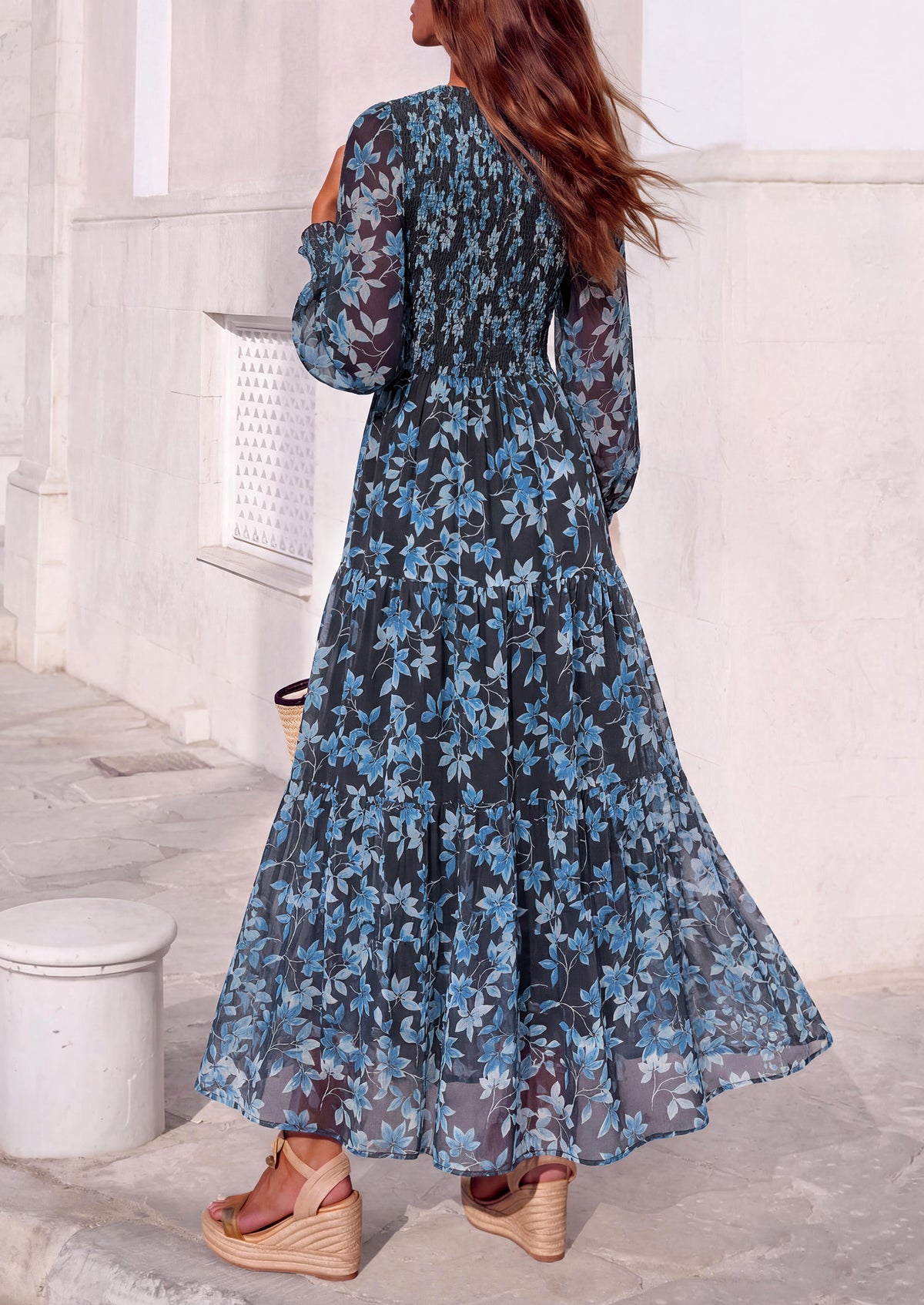 MASCOMODA Womens Flroal Long Sleeve Dress Boho A Line Fall Maxi Dresses Sheer Lantern Sleeve, Lined & Pockets, Smocked Front Back, High Waisted Flowy Long Dress, Tiered Fall Wedding Guest Dresses