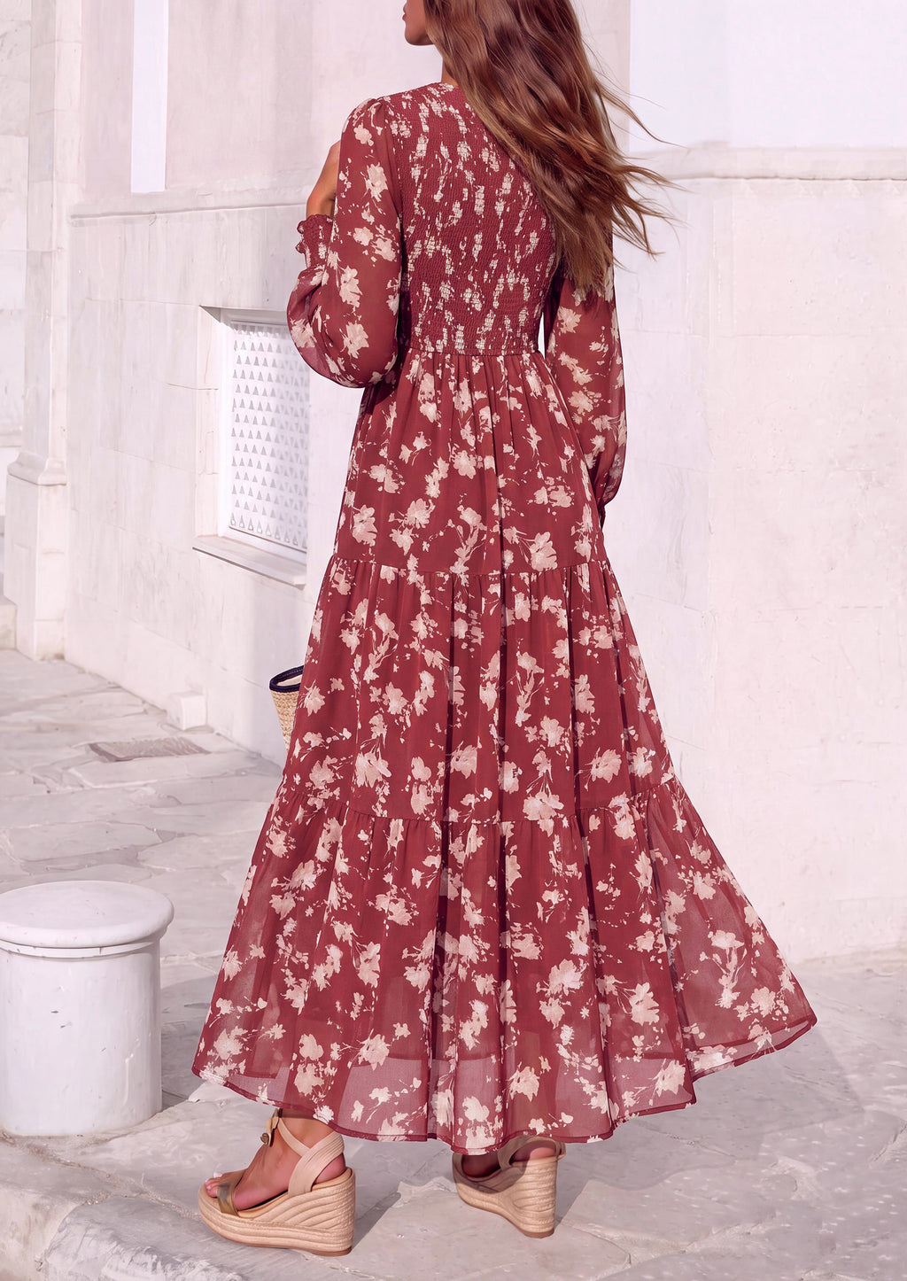 MASCOMODA Womens Flroal Long Sleeve Dress Boho A Line Fall Maxi Dresses Sheer Lantern Sleeve, Lined & Pockets, Smocked Front Back, High Waisted Flowy Long Dress, Tiered Fall Wedding Guest Dresses