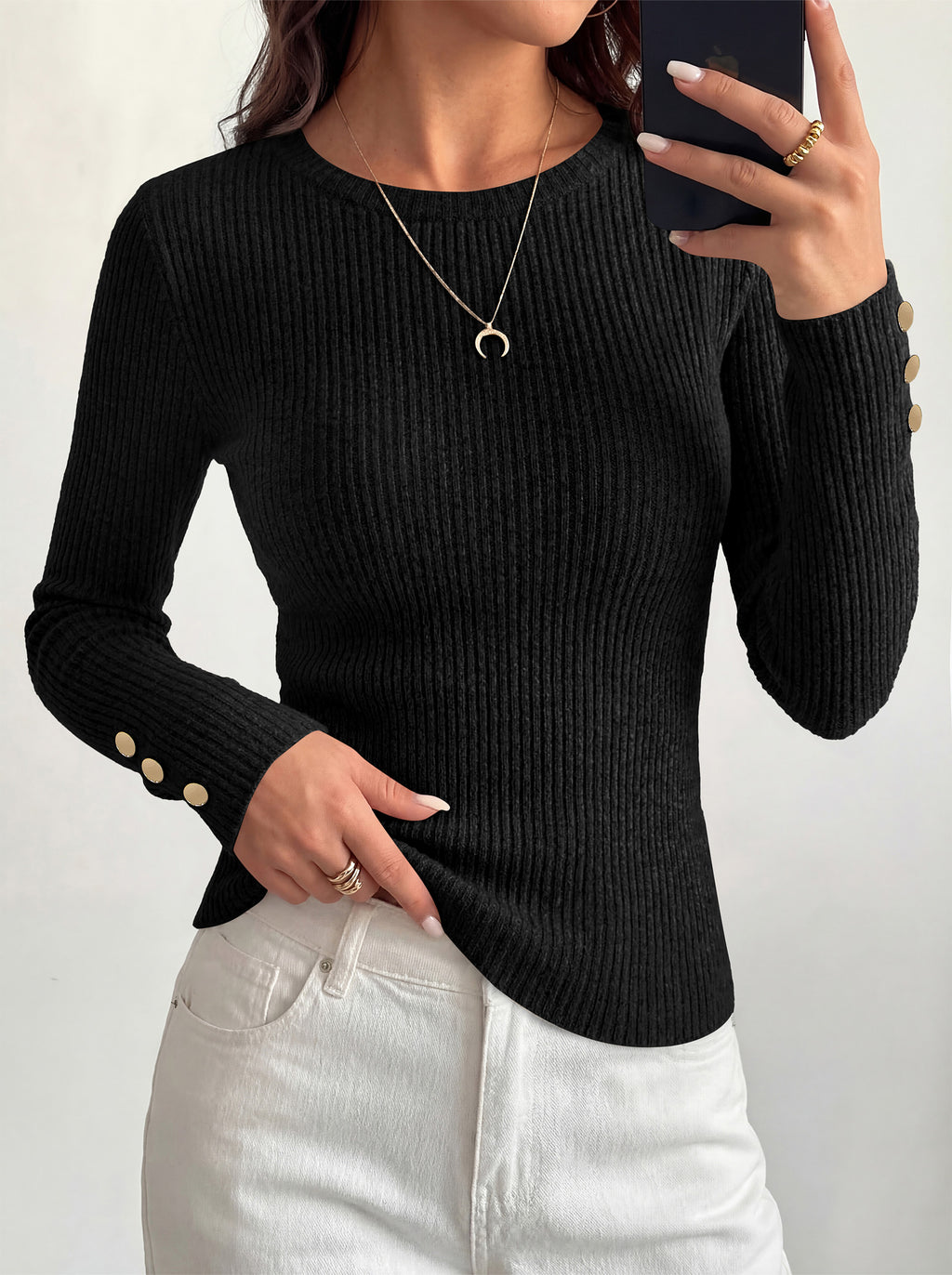 MASCOMODA Fall Long Sleeve Shirts for Women Dressy Crewneck Ribbed Knit Work Tops with Button Cuffs Business Casual Outfits