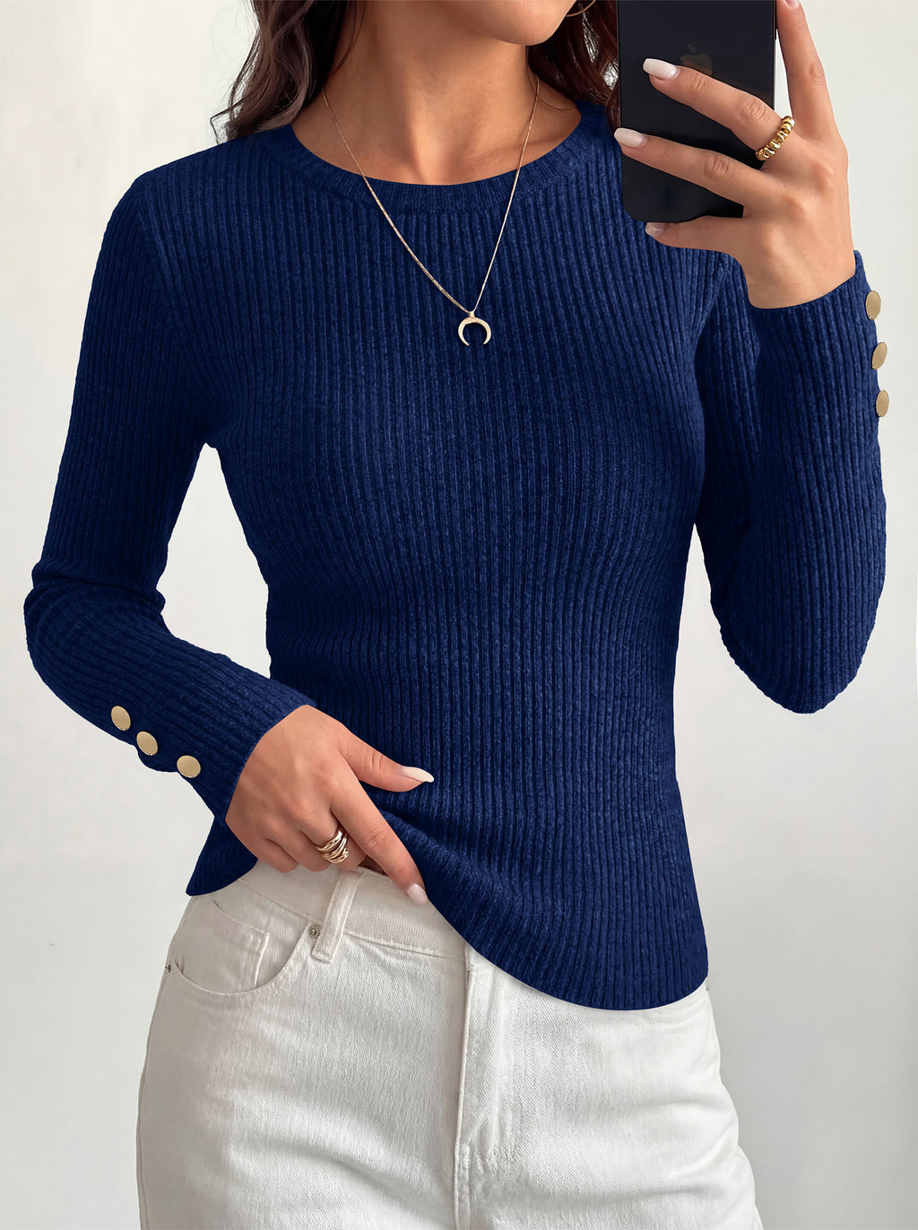 MASCOMODA Fall Long Sleeve Shirts for Women Dressy Crewneck Ribbed Knit Work Tops with Button Cuffs Business Casual Outfits