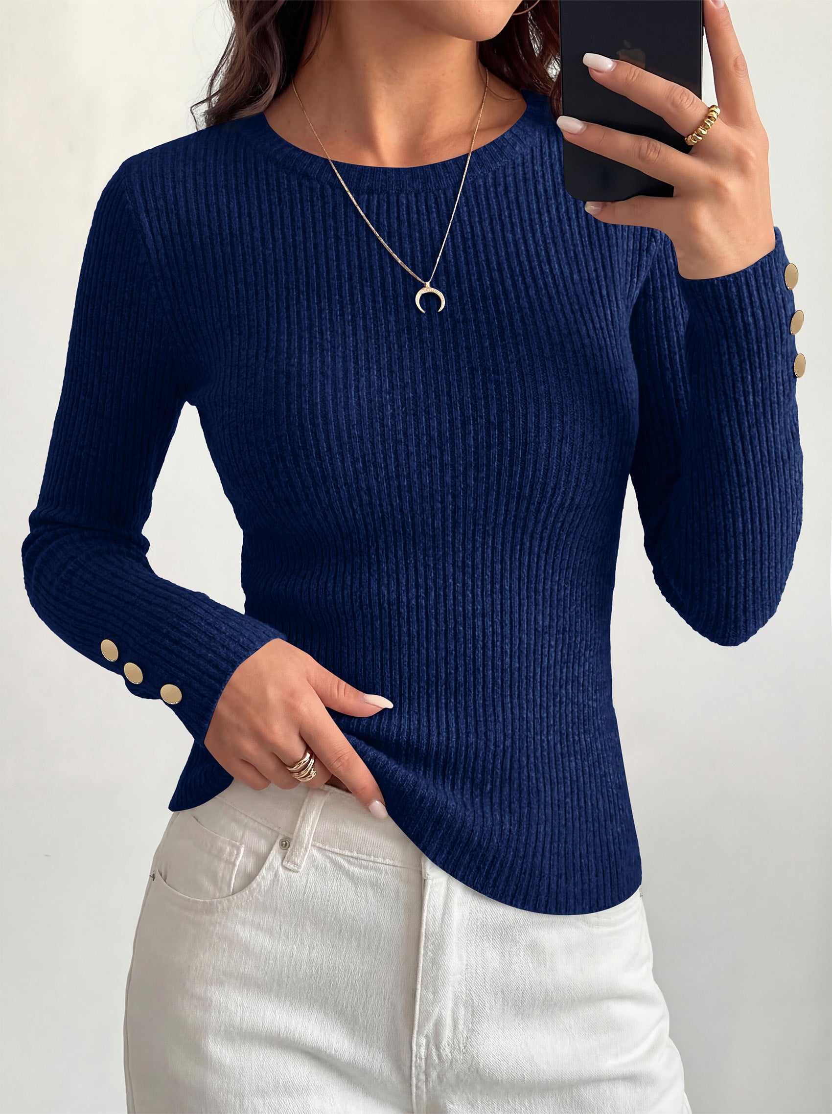 MASCOMODA Fall Long Sleeve Shirts for Women Dressy Crewneck Ribbed Knit Work Tops with Button Cuffs Business Casual Outfits