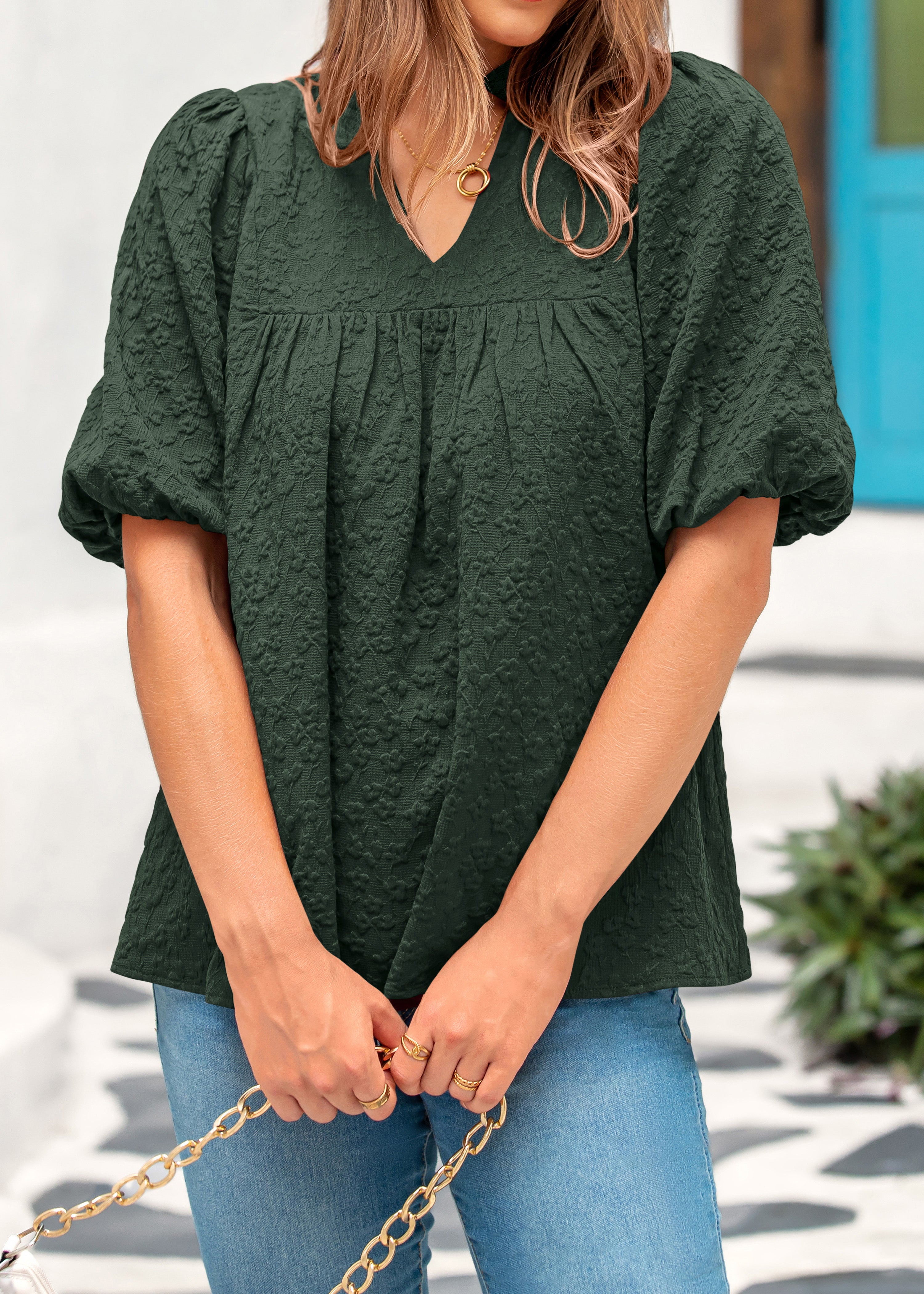 MASCOMODA Womens Summer Tops 2026 Ruffle V Neck Blouses Loose Puff Short Sleeve Jacquard Babydoll Tops Casual Dressy T-Shirts