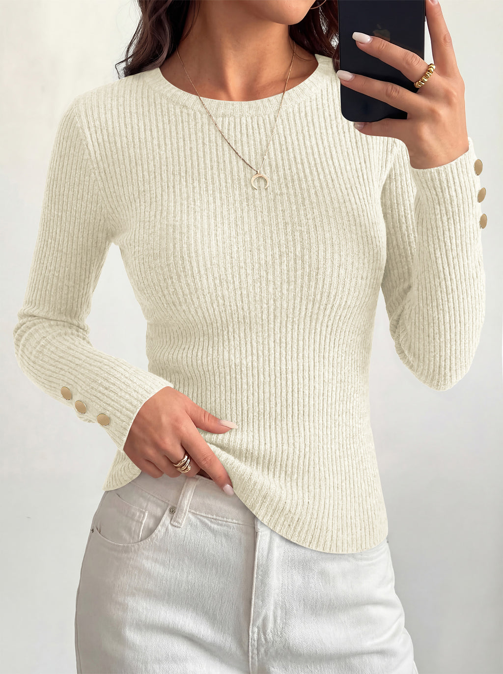 MASCOMODA Fall Long Sleeve Shirts for Women Dressy Crewneck Ribbed Knit Work Tops with Button Cuffs Business Casual Outfits