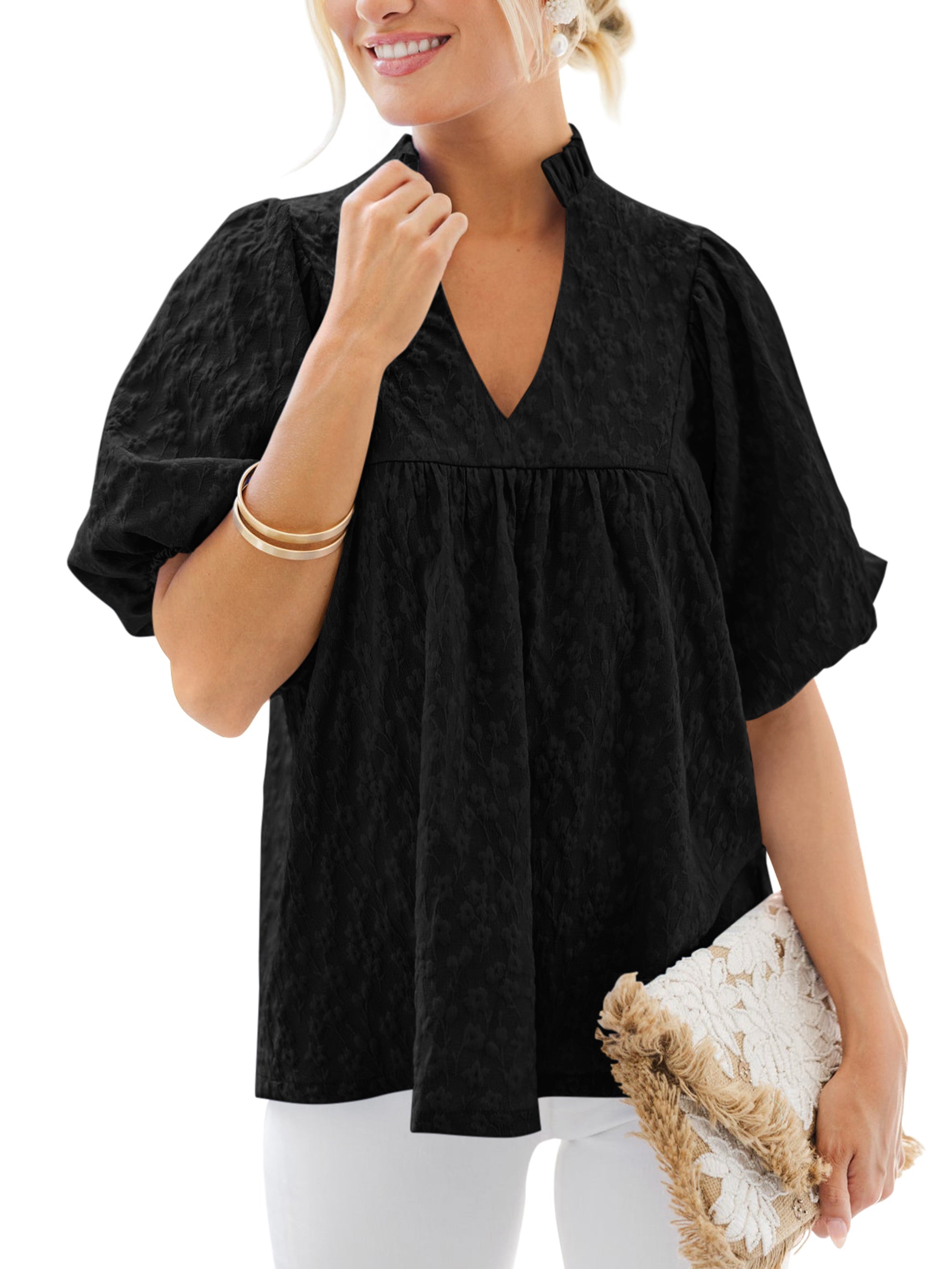 MASCOMODA Womens Summer Tops 2026 Ruffle V Neck Blouses Loose Puff Short Sleeve Jacquard Babydoll Tops Casual Dressy T-Shirts